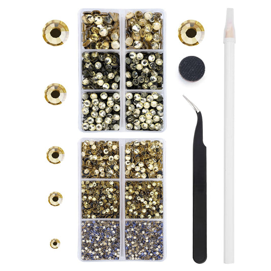 MEIBITE 6796PCS Light Yellow Hotfix Rhinestones Crystal Stones Glass for Fabric Clothes Shirts Sparkly Flat Back Round with Tweezers and Picking Pen (SS6~SS30 Set)