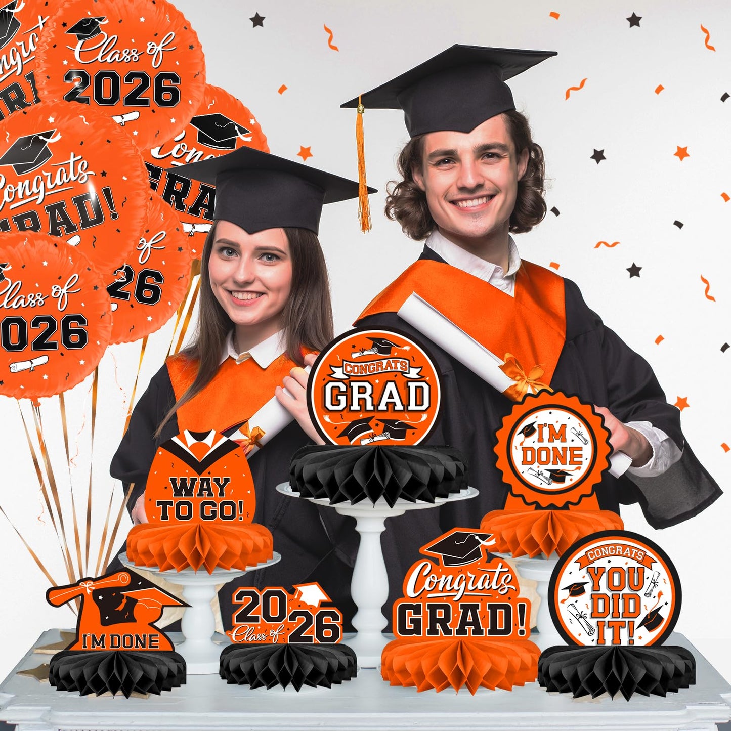 9PCS Graduation Party Decorations Class of 2026 Congrats Grad Table Centerpiece Congratulate Graduation Honeycomb Table Toppers for Graduation Party Supplies(Orange,Black）