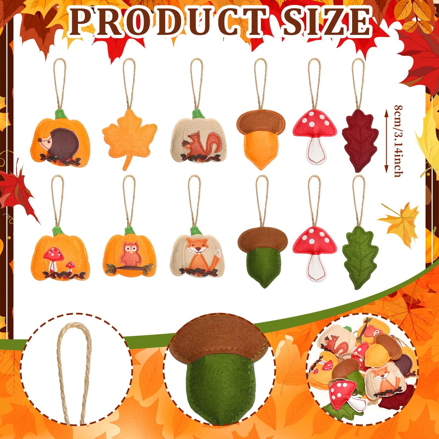 12 Pcs Fall Felt Ornaments for Tree Decoration Thanksgiving 3D Pumpkin Maple Leaf Hanging Felt Ornament for Autumn Farmhouse Harvest Tree Garland Banner Mantle Diy Craft Decor, 3.15 Inch