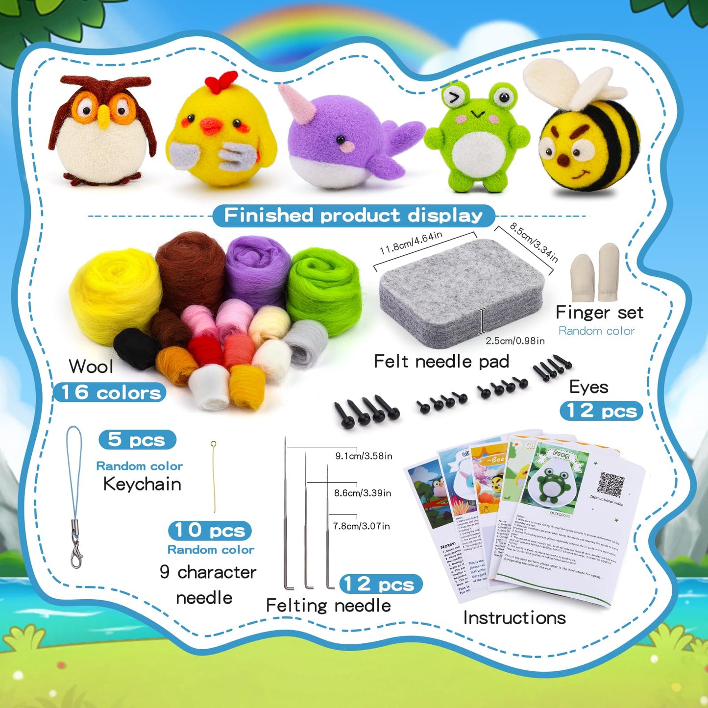 Needle Felting Kit, 5 PCS Animal Felting Kits for Beginners Adults, Wool Felting Kit Including Wool Roving, Foam Pad, Felting Needles and Instructions for DIY Felting Starters