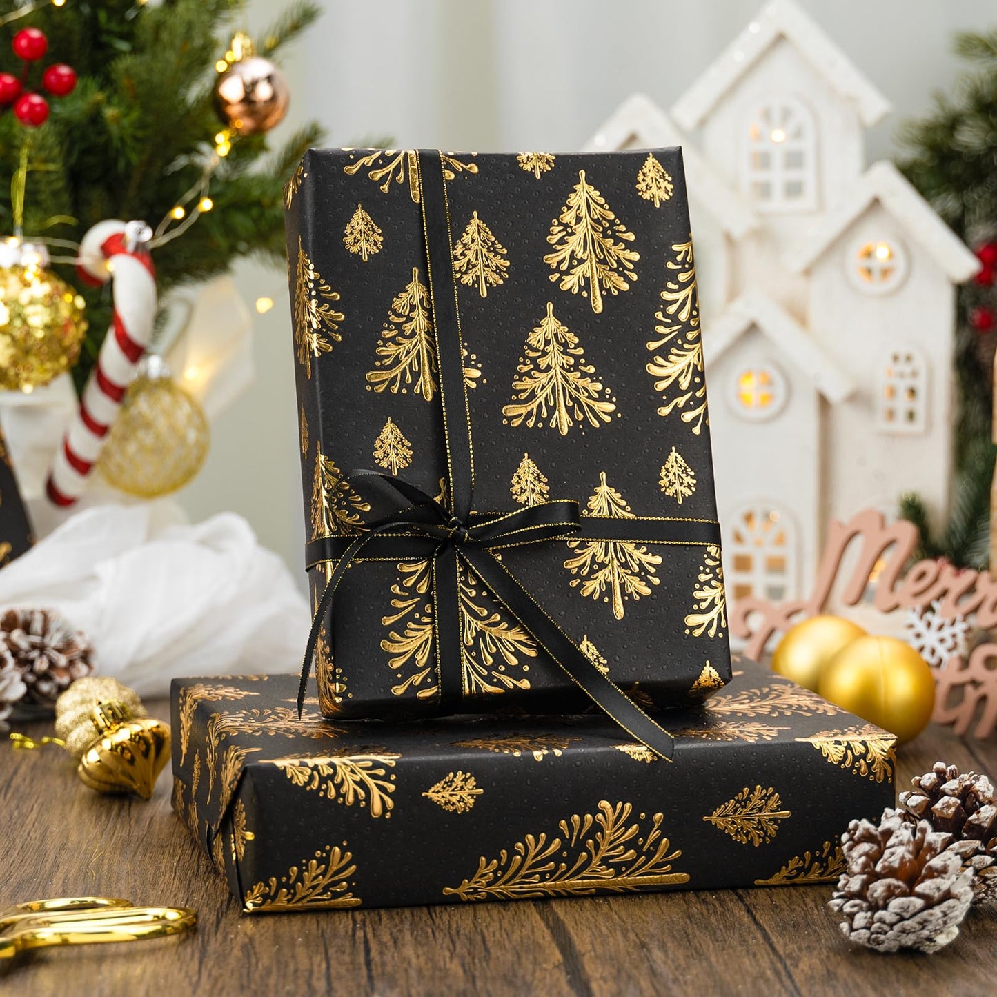 Black Kraf Christmas Wrapping Paper,Gold 3D Embossed Foil Christmas Pine Tree with Woodlands Wrap Paper for Holiday, Party,Celebration, New Year (17 Inch X 32.8 Feet)