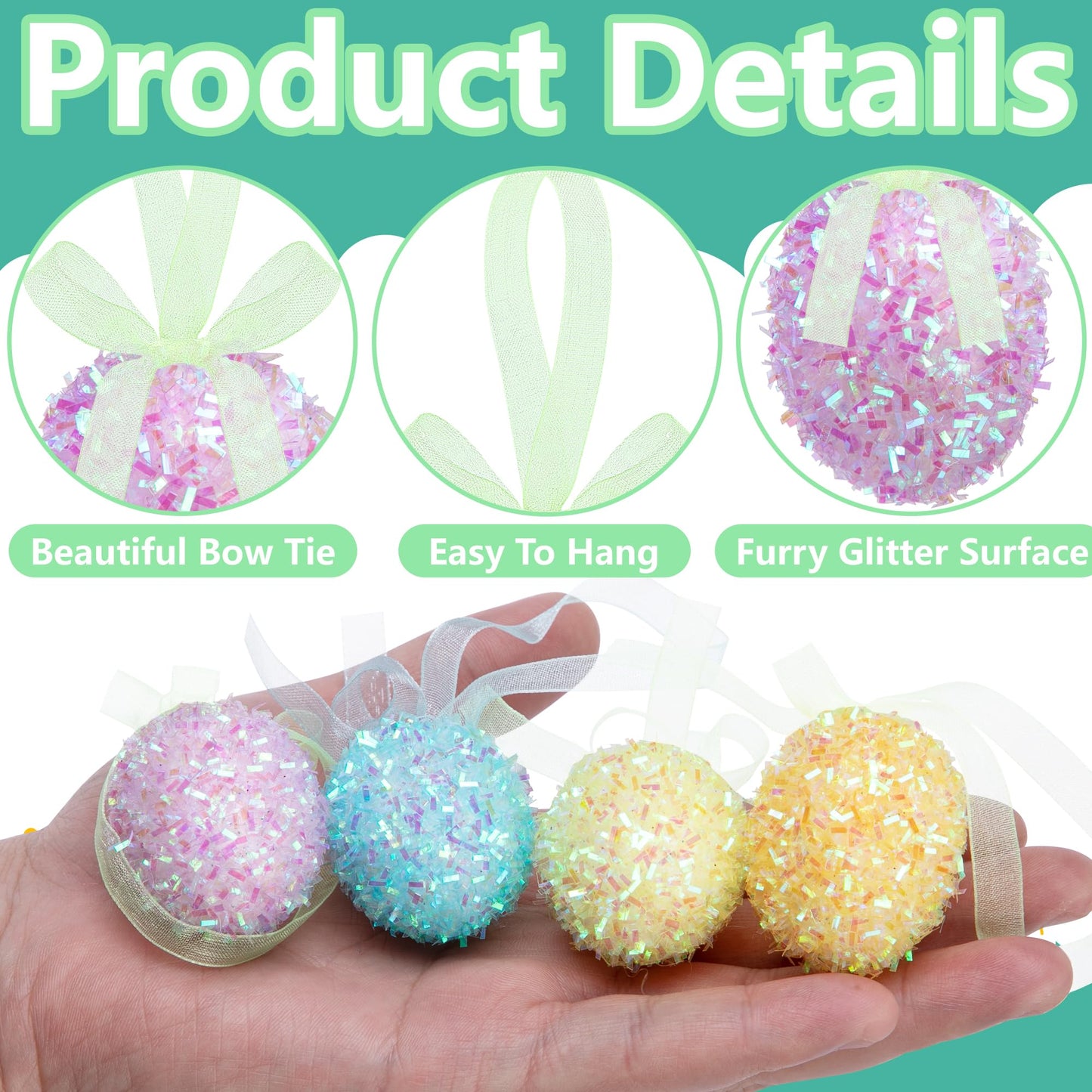 48 Pcs Easter Glitter Hanging Eggs, Shiny Tinsel Easter Egg Ornaments, Spring Foam Egg Hanging Decoration for Home Holiday Party Celebrations Tree Wall DIY Craft Decoration (1.3'' x 1.6'')