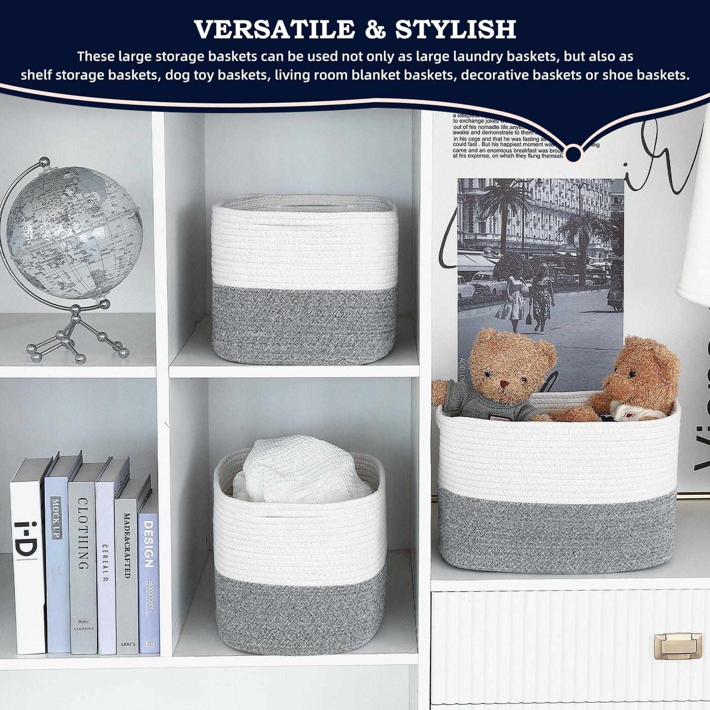 Rope Baskets for Storage Basket, Cotton Rope Woven Basket with Handles. Blanket Basket for Storing Clothes, Toys, Books, Shelves etc, 15''L x 10''W x 9.5''H, Gray/Off White