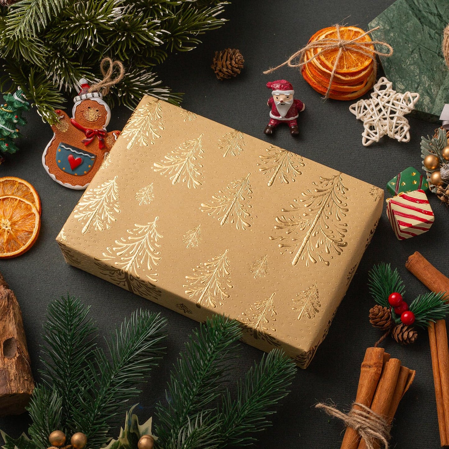 Kraft Christmas Wrapping Paper,Gold Lusury 3D Embossed Foil Christmas Trees Wrap Paper for Holiday, Party,Celebration, New Year (17 Inch X 32.8 Feet)