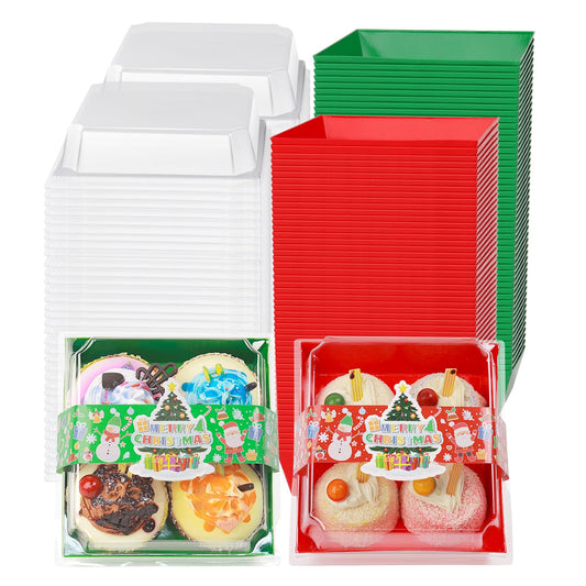 100 Pcs Christmas Charcuterie Boxes with Clear Secure Lids and 100 PCS Stickers, Disposable Christmas Paper Bakery Box Red Green Square Dessert Containers for Party Cookie Cake Sandwich