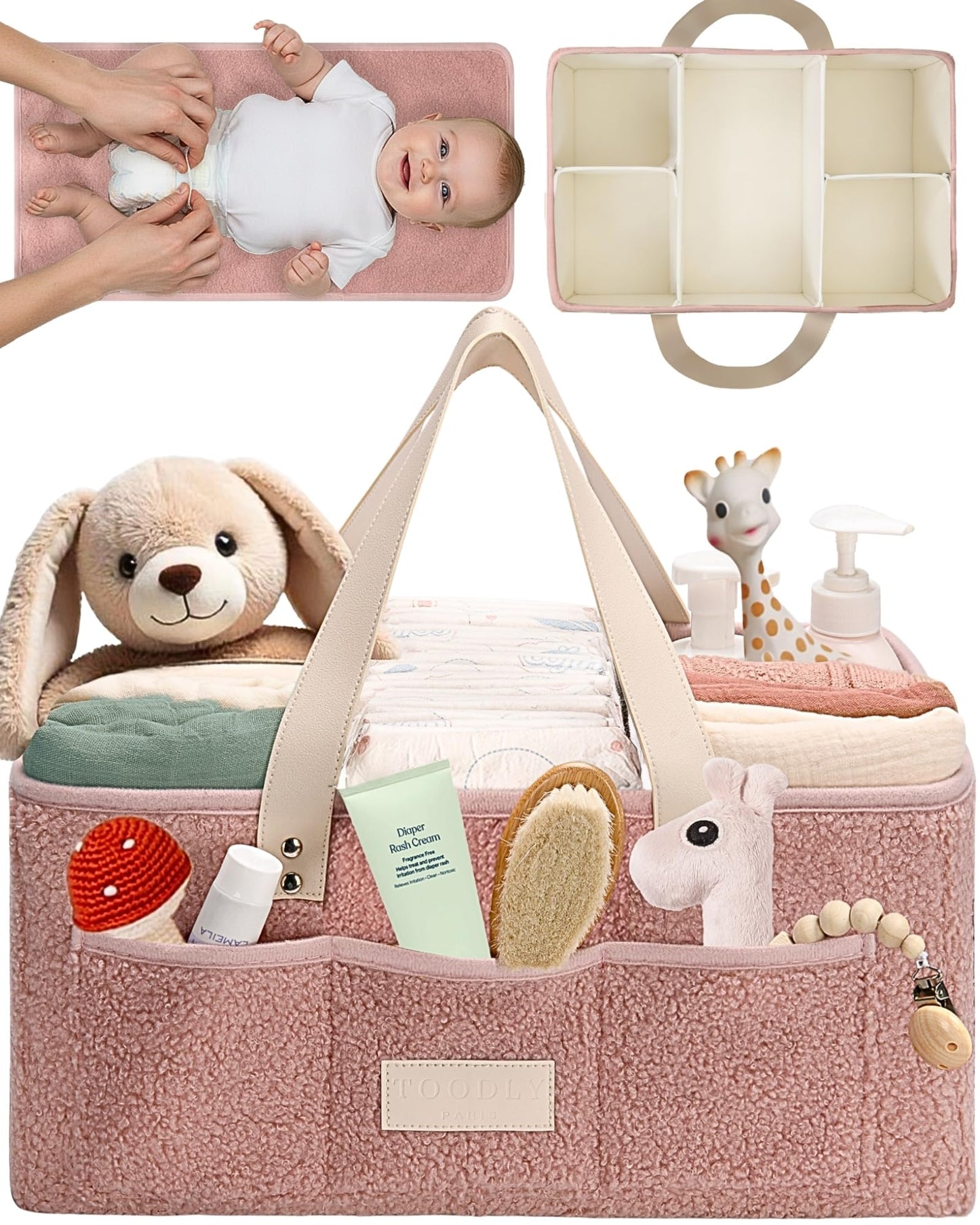 Toodly Baby Diaper Caddy Organizer with Portable Changing Mat - Teddy Fleece Diaper Organizer for Changing Table - Basket for Changing Essentials - Baby Essentials Organizer with Removable Dividers