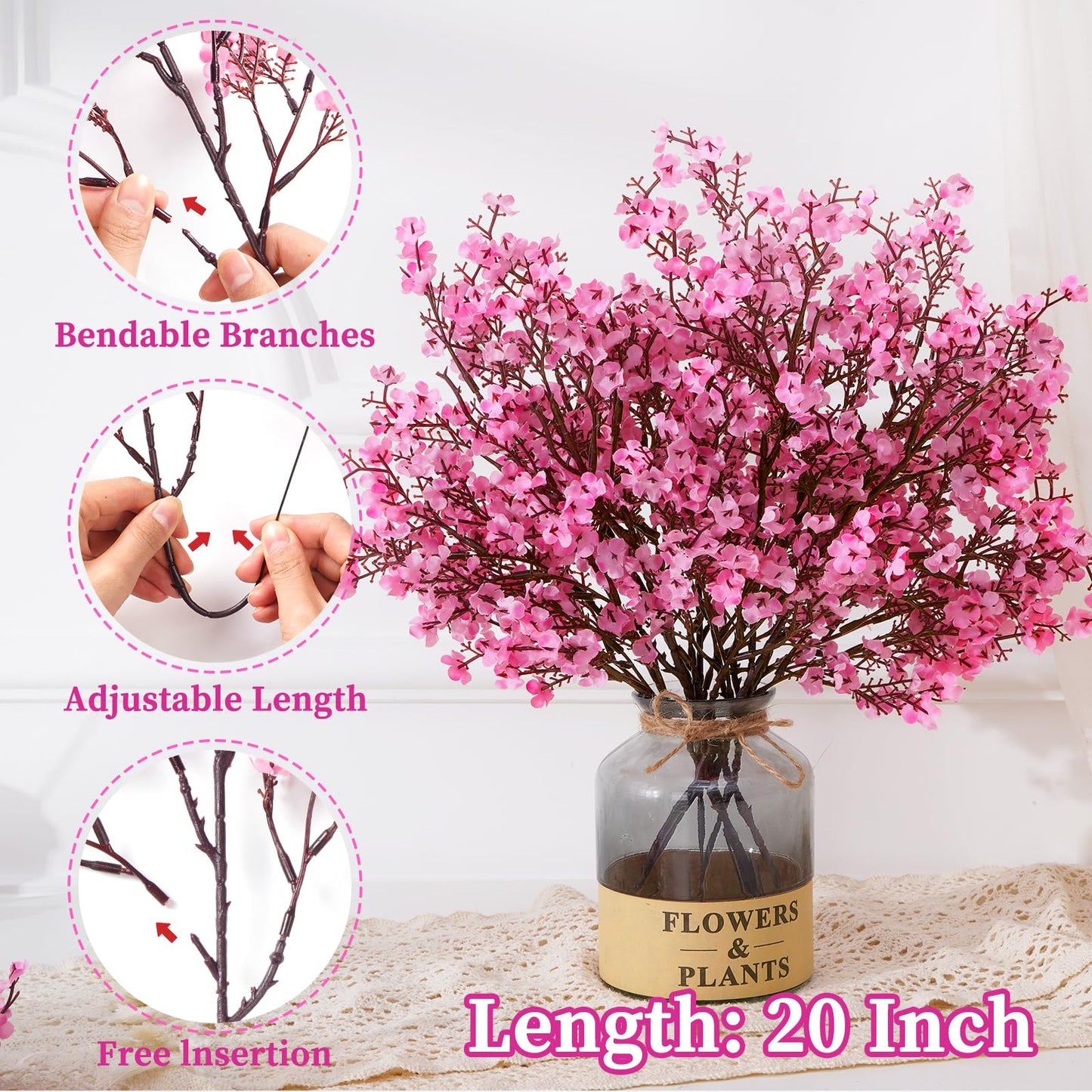 Yastouay Pink Fake Flowers Artificial Flowers, 5 Pcs Real Touch Silk Flowers Faux Artificial Flowers for Decorations, Babys Breath Artificial Flowers Bulk for Spring Decor Floral Arrangement