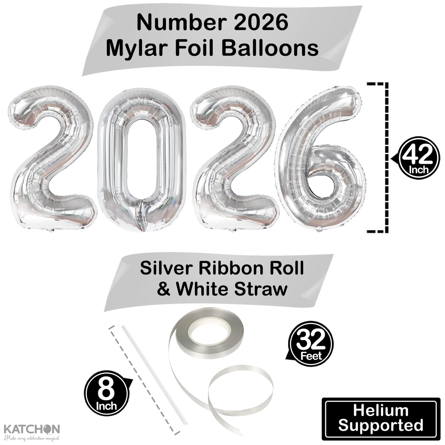 Silver 2026 Balloons 42 Inch, Giant - Silver Graduation Decorations 2026, Foil Number 2026 Graduation Balloons Class of 2026 Decorations | Graduation Party Decorations | Prom Decorations 2026, Katchon