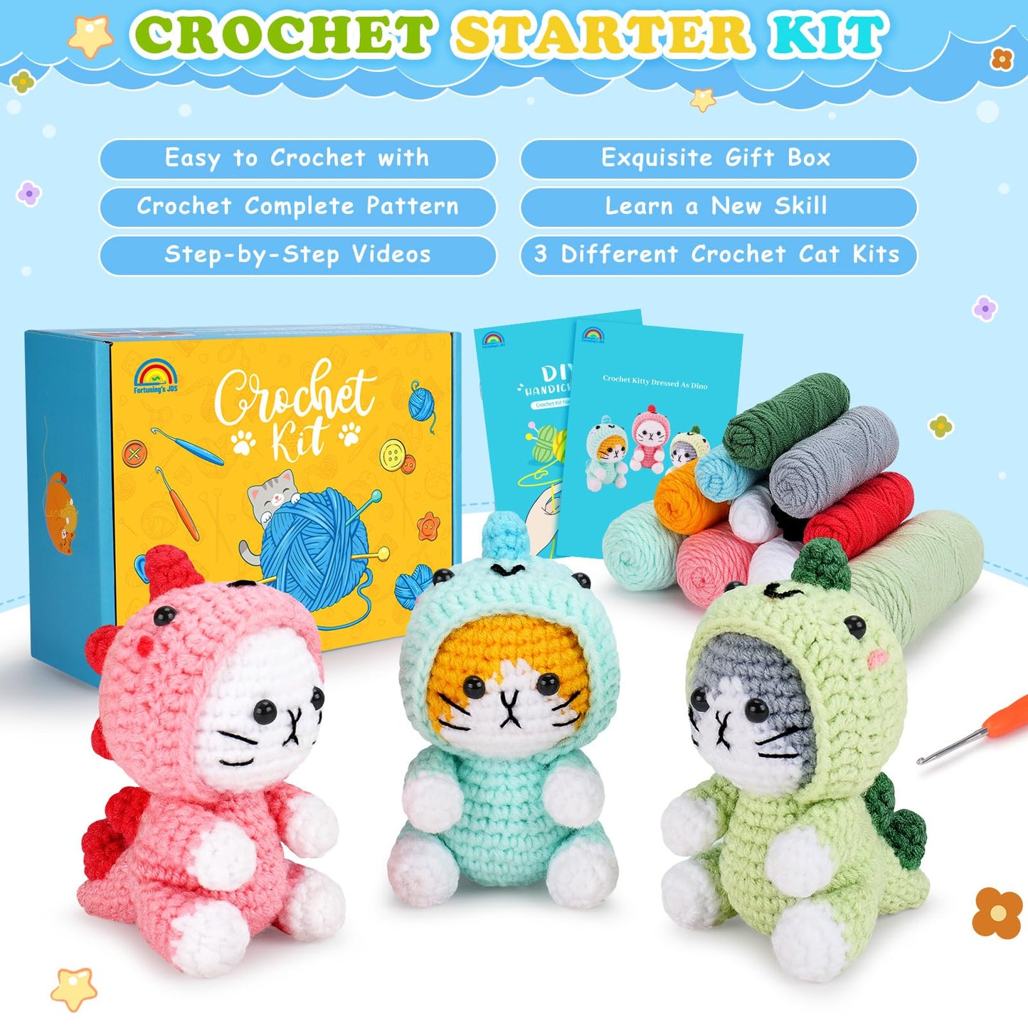 Crochet Kit for Beginners - 3 PCS Dinosaur Cat Crochet Kits with Step-by-Step Video Tutorials, Beginner Crochet Kit for Adults, Crochet Animal Kit for Starters, Cat Dressed as Dinosaur Crochet Set