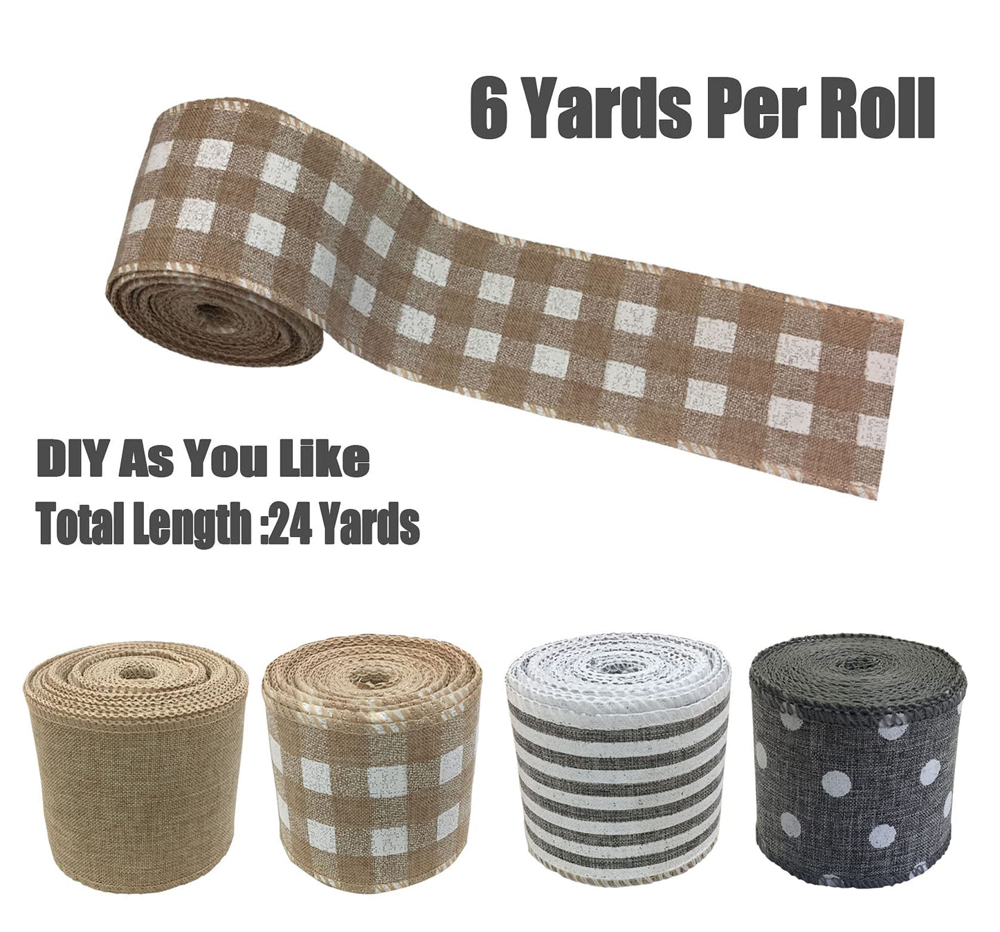 OZXCHIXU 4 Rolls Burlap Fabric Ribbon Burlap Wired Edge Ribbon White Dot Plaid Stripe Ribbon Rustic Christmas Crafts Ribbon for DIY Present Wrapping Wreath Floral Bow Craft Decor,2.5Inch x 24Yards