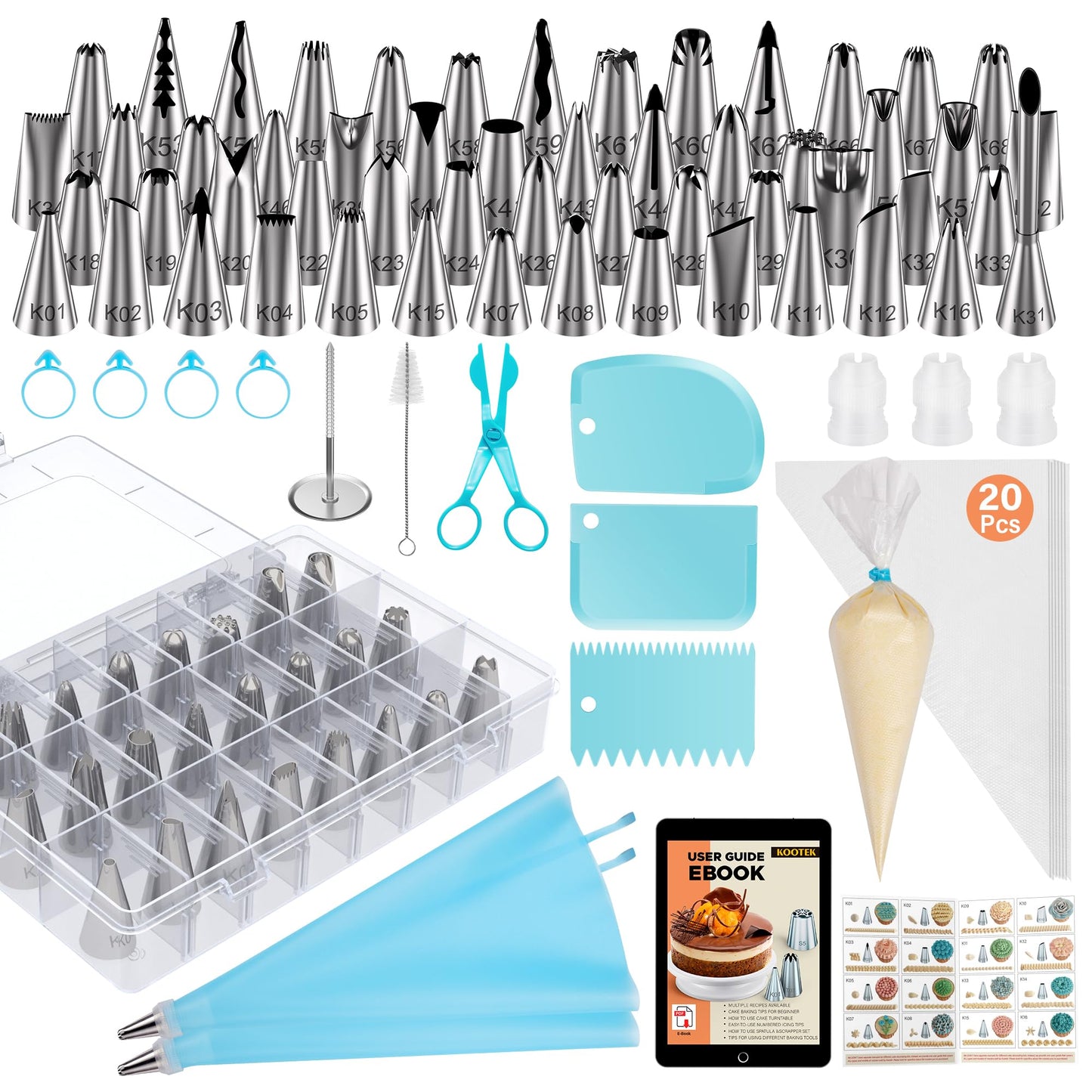 Kootek 90 PCs Piping Bags and Tips Set, Cake Decorating Supplies Kit with 55 Numbered Icing Piping Tips, 20+2 Pastry Bags for Cake Cupcake, Frosting Piping Kit with Booklet and eBook
