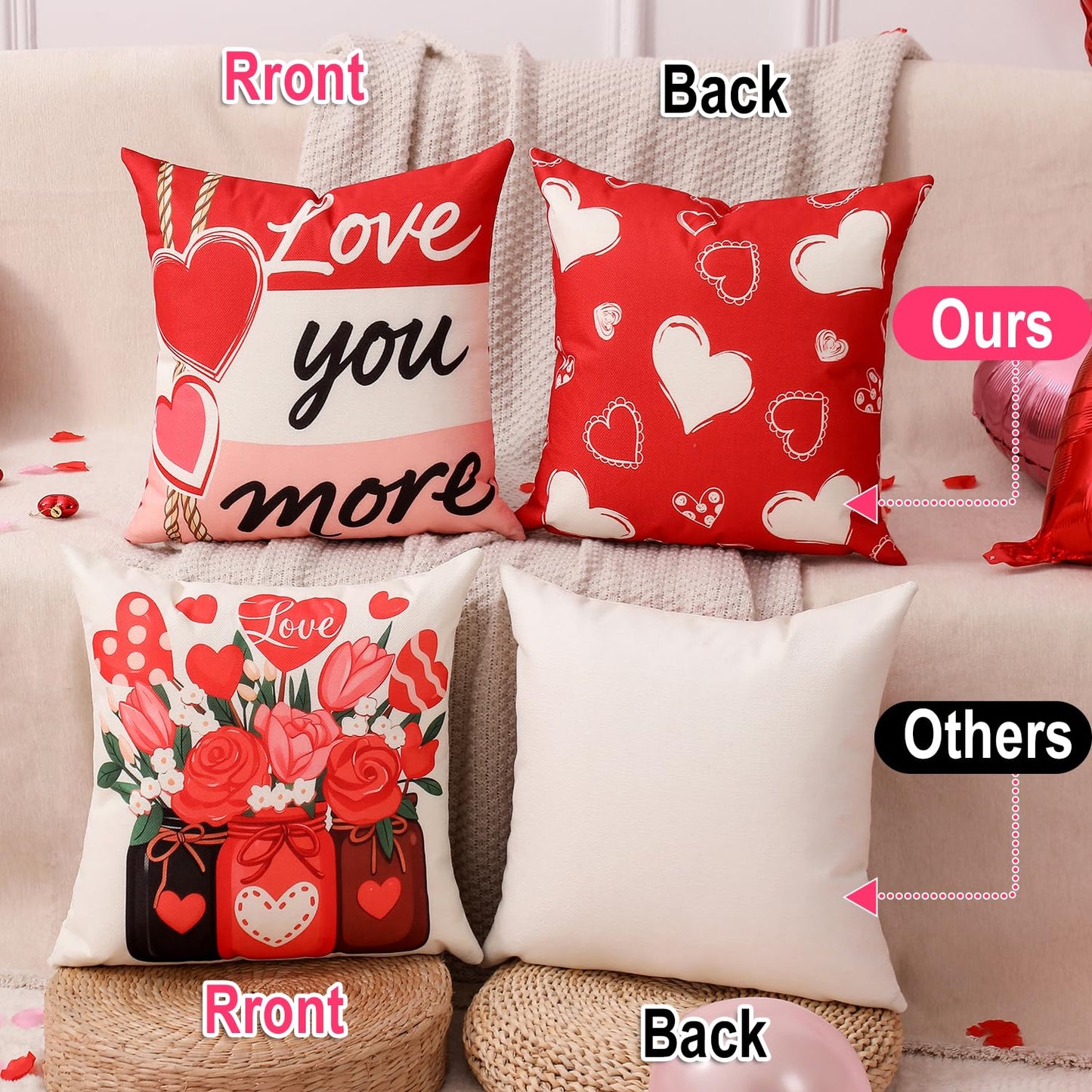Valentine Decorations Set of 4 Double-Sided Valentine's Day Throw Pillow Covers 18" x 18", Reversible 8 Designs, with 16 pcs Heart & Love Balloons, Stickers, Complete Valentines Decor Kit