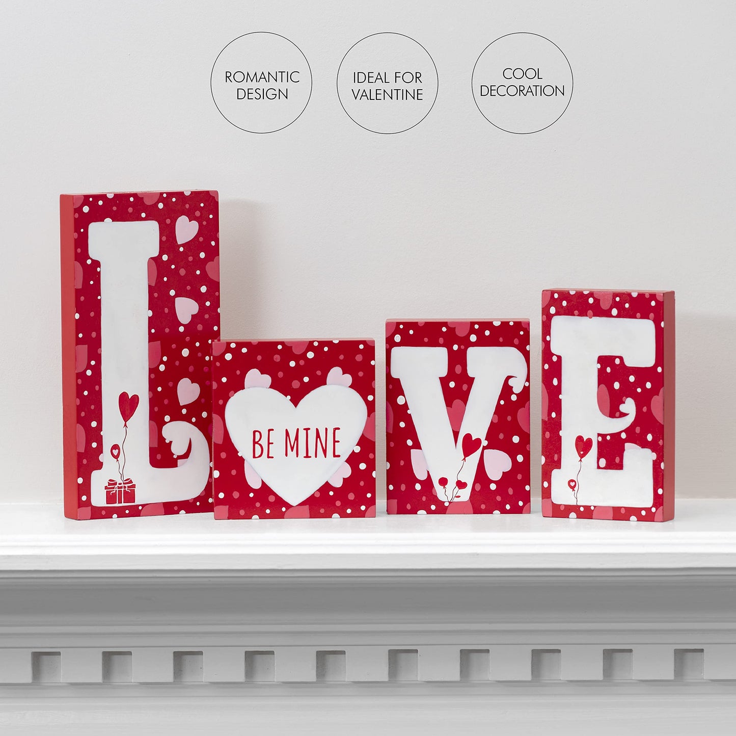 Ornativity Red Wooden Love Blocks - Valentine's Day Romantic Heart Wood Letters Block Decoration Sign with Hearts for Mantel Shelf over Fireplace, Table Top, Home and Office Decor 4Pcs