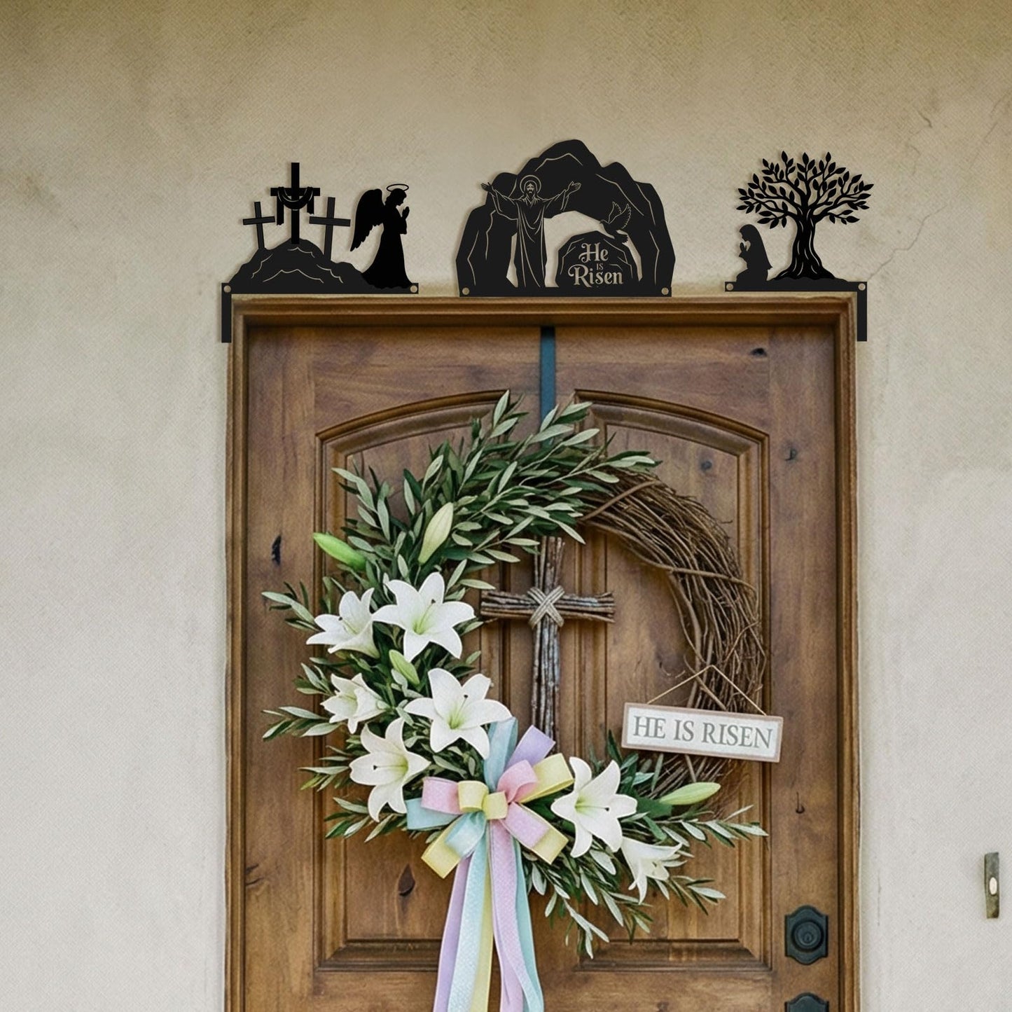 Blulu 3 Pcs Easter Door Decorations Metal He Is Risen Door Toppers Religious Easter Frame Corner Sign for Spring Christian Cabinet Shelf Window Wall Home Office Kitchen Church Decor(Religious)