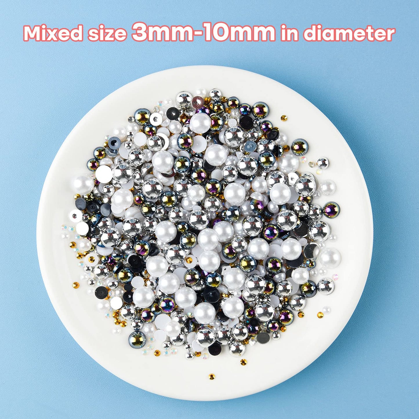 ASTARON 50g Mix Flatback Rhinestones Half Pearls for Crafts Mixed Size 3mm-10mm Flat Back Rhinestones for Crafts Flatback Pearls for DIY Tumblers Mugs Nail Art Shoes Clothes (Black White Series)