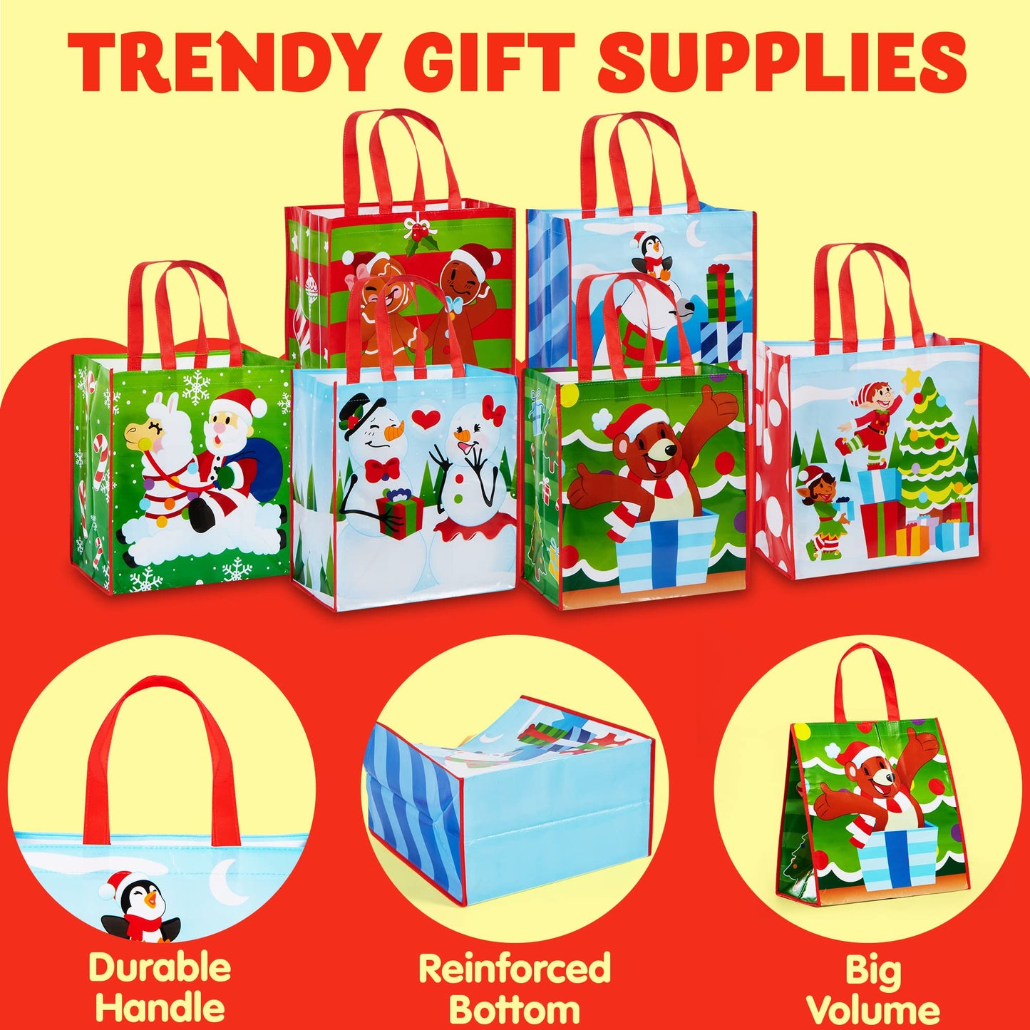 12 Christmas Extra-Large Gift Bags 13.75"x8"x14", Reusable Non-Woven Tote Bag With Handles for Xmas Wrapping Holiday Party Favors, Grocery Shopping