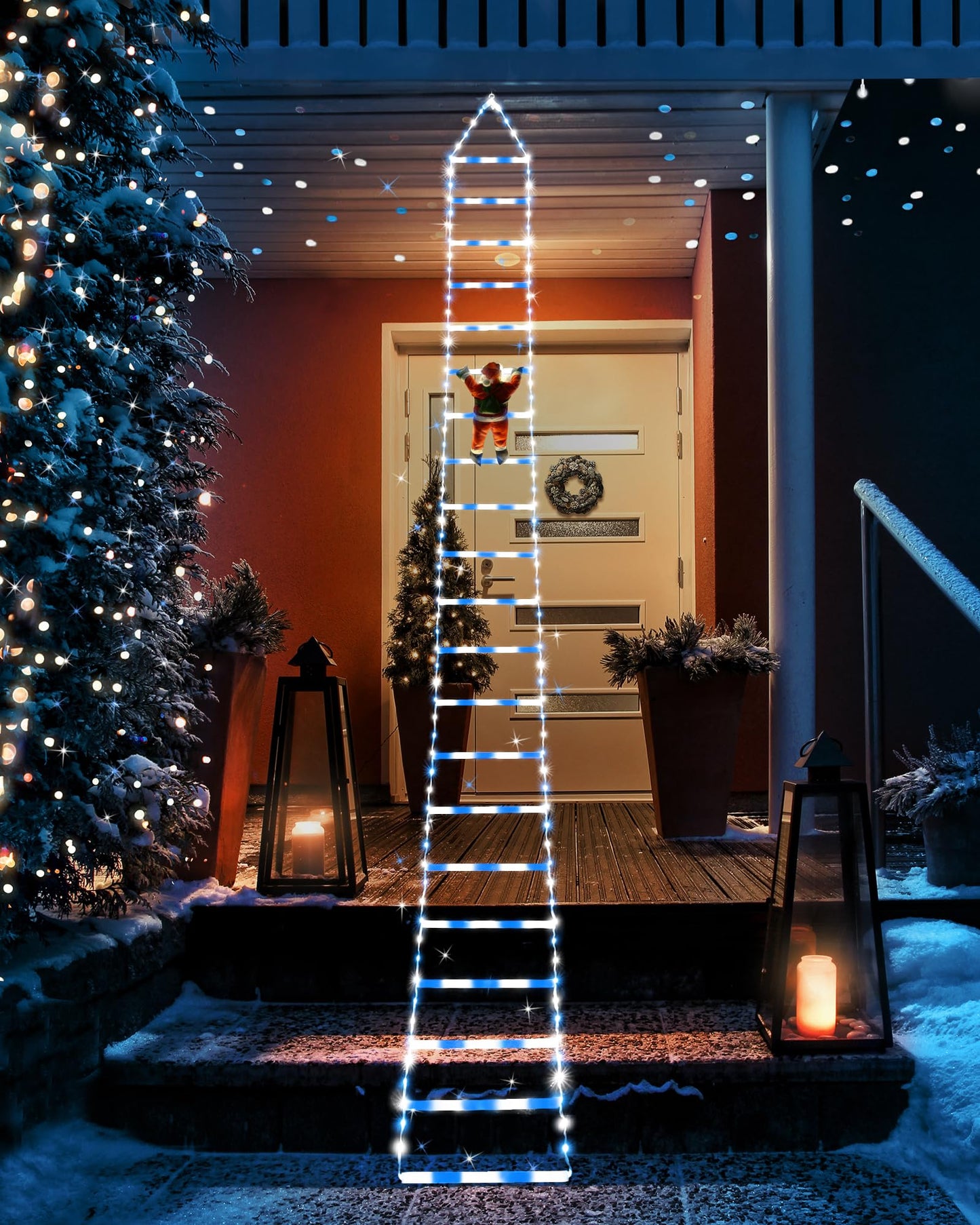 LED Christmas Lights - 10ft Christmas Decorative Ladder Lights with Santa Claus, Xmas Decorations Light for Indoor Outdoor, Window, Garden, Home, Wall, Xmas Tree Decor - White & Blue