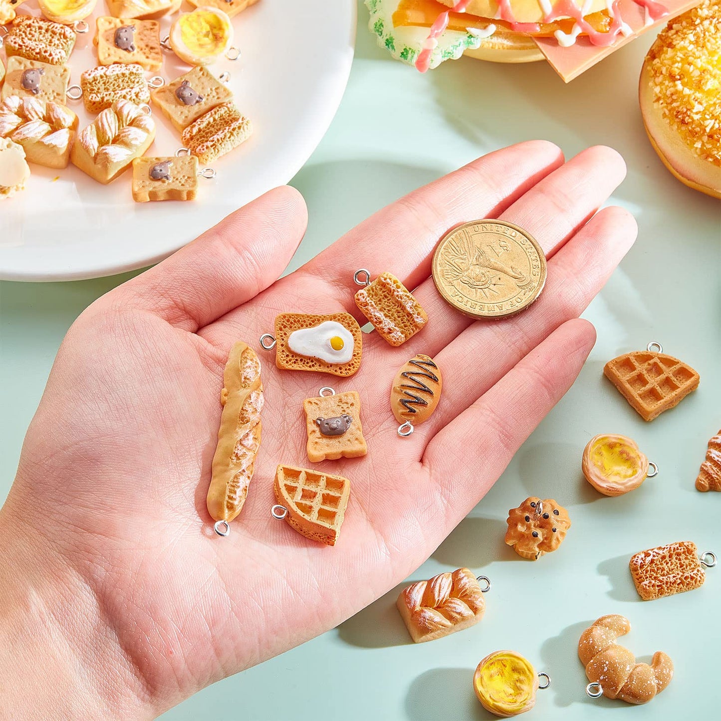 60 Pieces Handmade Simulation Food Bread Toast Pendant Charms Hanging Food Charms DIY Baking Charms for Earrings Imitation Resin Charms for Jewelry Making for Children Girls DIY Craft