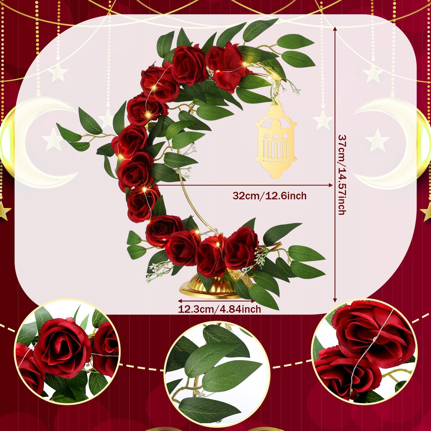 Ramadan Decorations Eid Mubarak Table Decor Lighted Moon Shaped Wreaths with Castle for Fireplace Office Bedroom Party Supplies Muslim Party Tabletop Decor Home (Rose)
