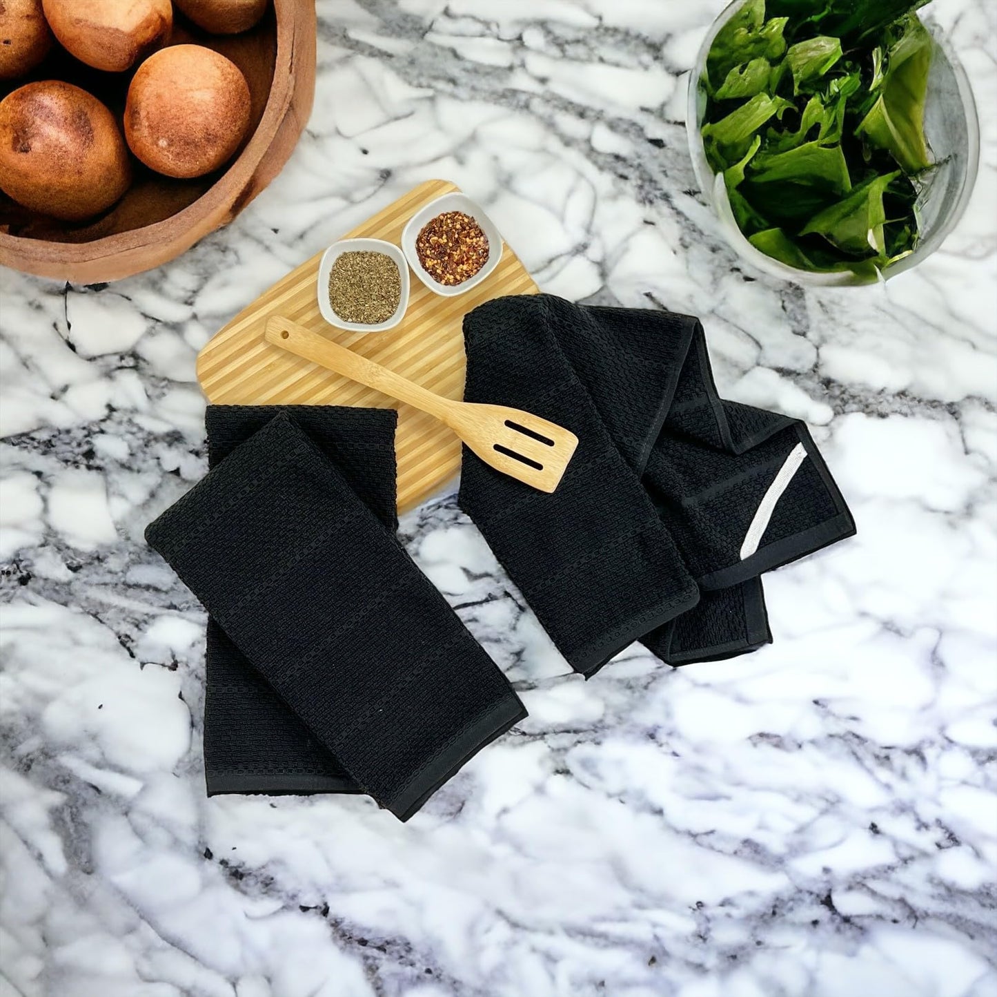 Black Textured Kitchen Hand Dish Towels 100% Cotton Cloth Soft Cleaning Drying Absorbent Terry Loop: Set of 3 Multipurpose for Everyday Use