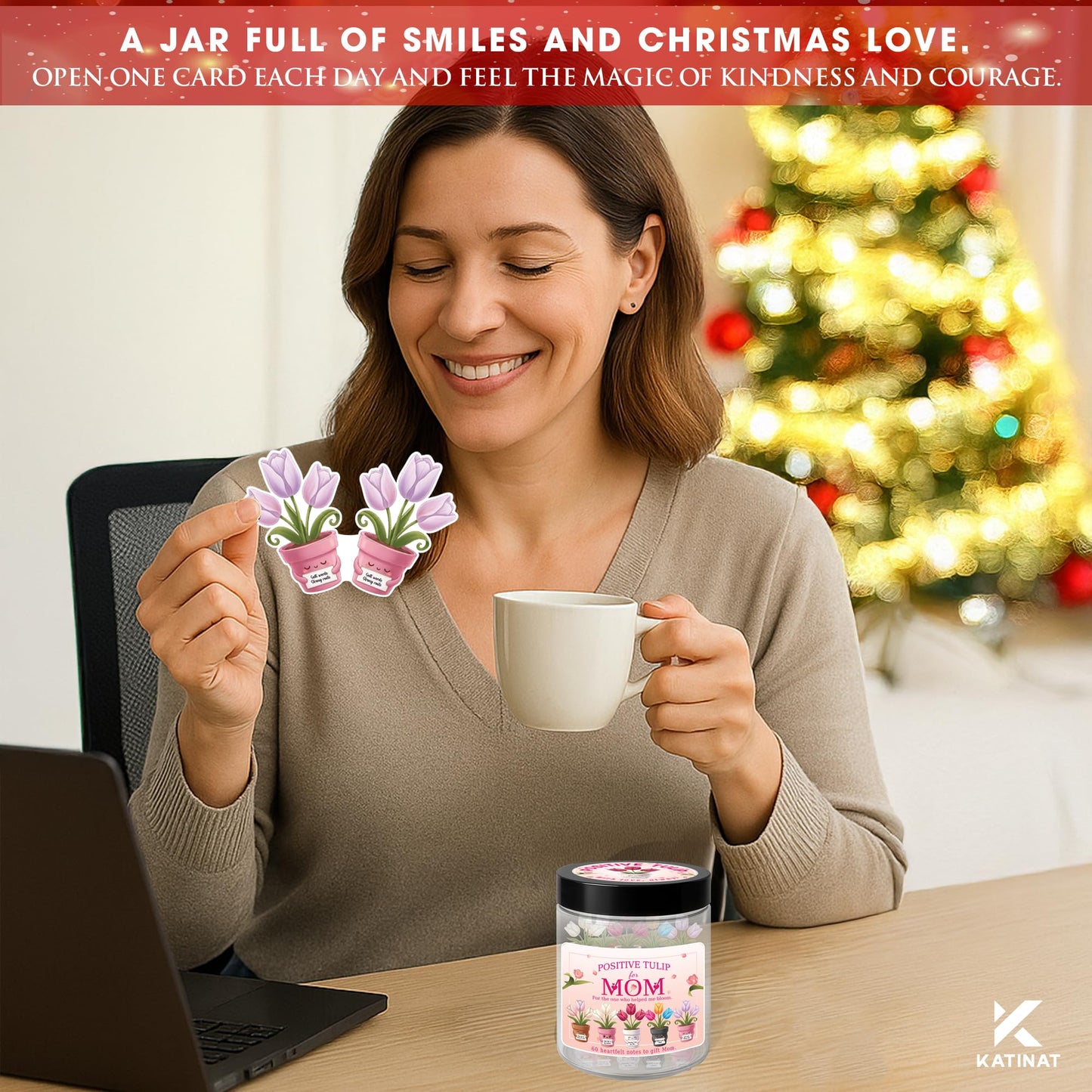 Positive Tulip Jar for Mom – 60 Thoughtful Emotional Support Tulips, Cute Birthday Mothers Day Gifts for Mom Step Mom from Daughter Son, Easter Basket Stuffers for Mom, Step Mom, Mother in Law, Wife