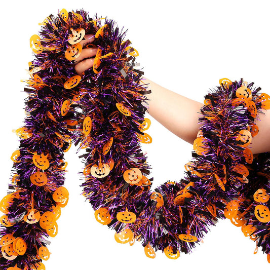 Halloween Garland Decor,33Ft Glitter Tinsel Pumpkin Garland Decorations for Tree Car Golf Cart Parade Float Bike Indoor Outdoor Holiday Home Burnt Orange Black Purple