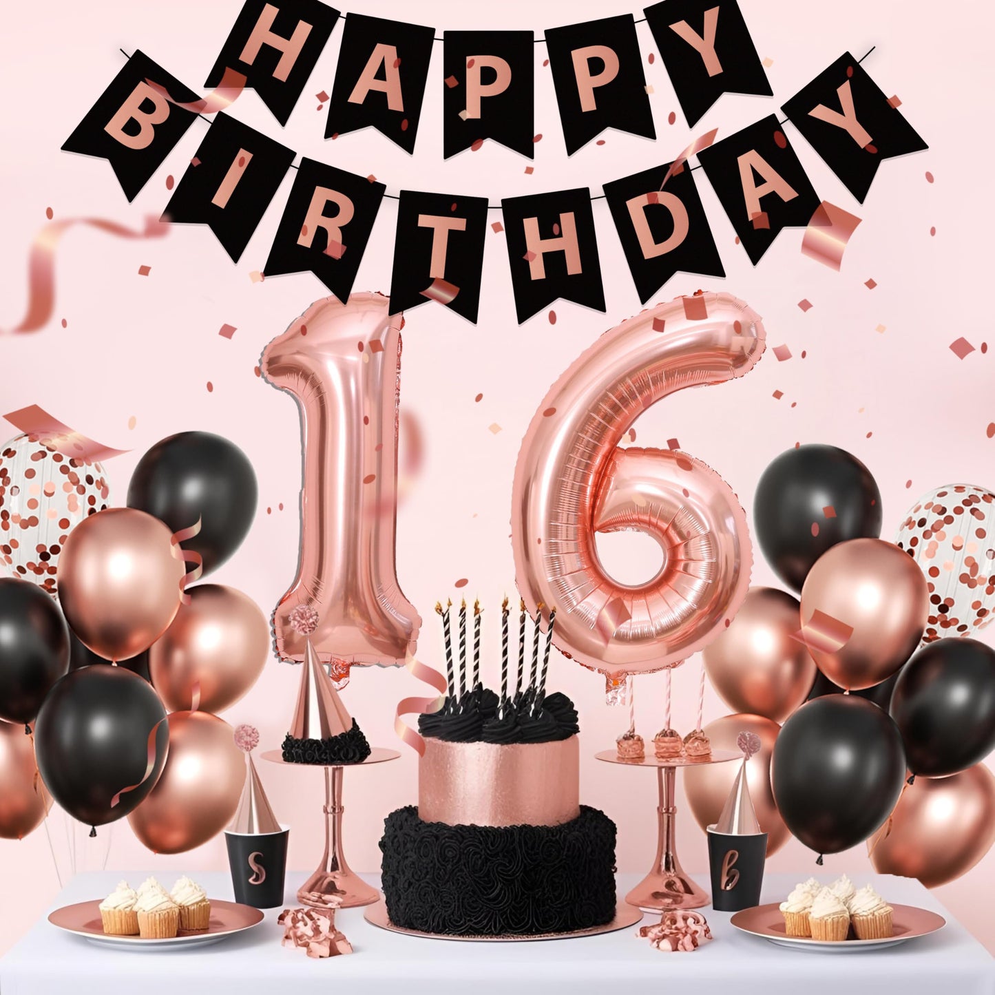 Rose Gold Sweet 16 Birthday Decorations for Girls - Sweet Sixteen Party Supplies Include 3pcs Balloon Boxes, Number 16 Foil Balloons, Fringe Curtains, Black Pink Garland Arch Kit - Photo Props