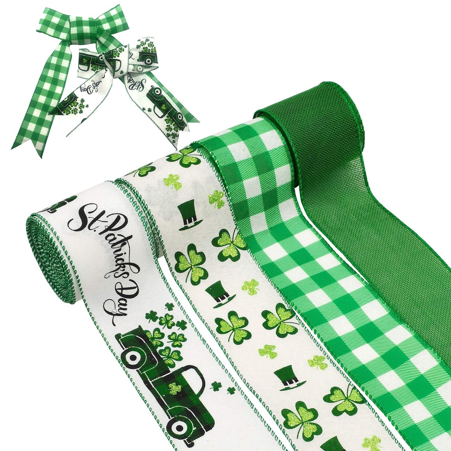 4 Rolls Shamrock Wired Edge Ribbon - 2.5''×24 Yard St Patrick's Day Green Wired Ribbon, Burlap Plaid Shamrock Fabric Craft Irish Ribbons for Gift Wrapping, Wedding Birthday Crafts Decorations