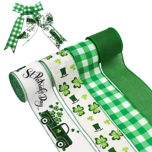4 Rolls Shamrock Wired Edge Ribbon - 2.5''×24 Yard St Patrick's Day Green Wired Ribbon, Burlap Plaid Shamrock Fabric Craft Irish Ribbons for Gift Wrapping, Wedding Birthday Crafts Decorations