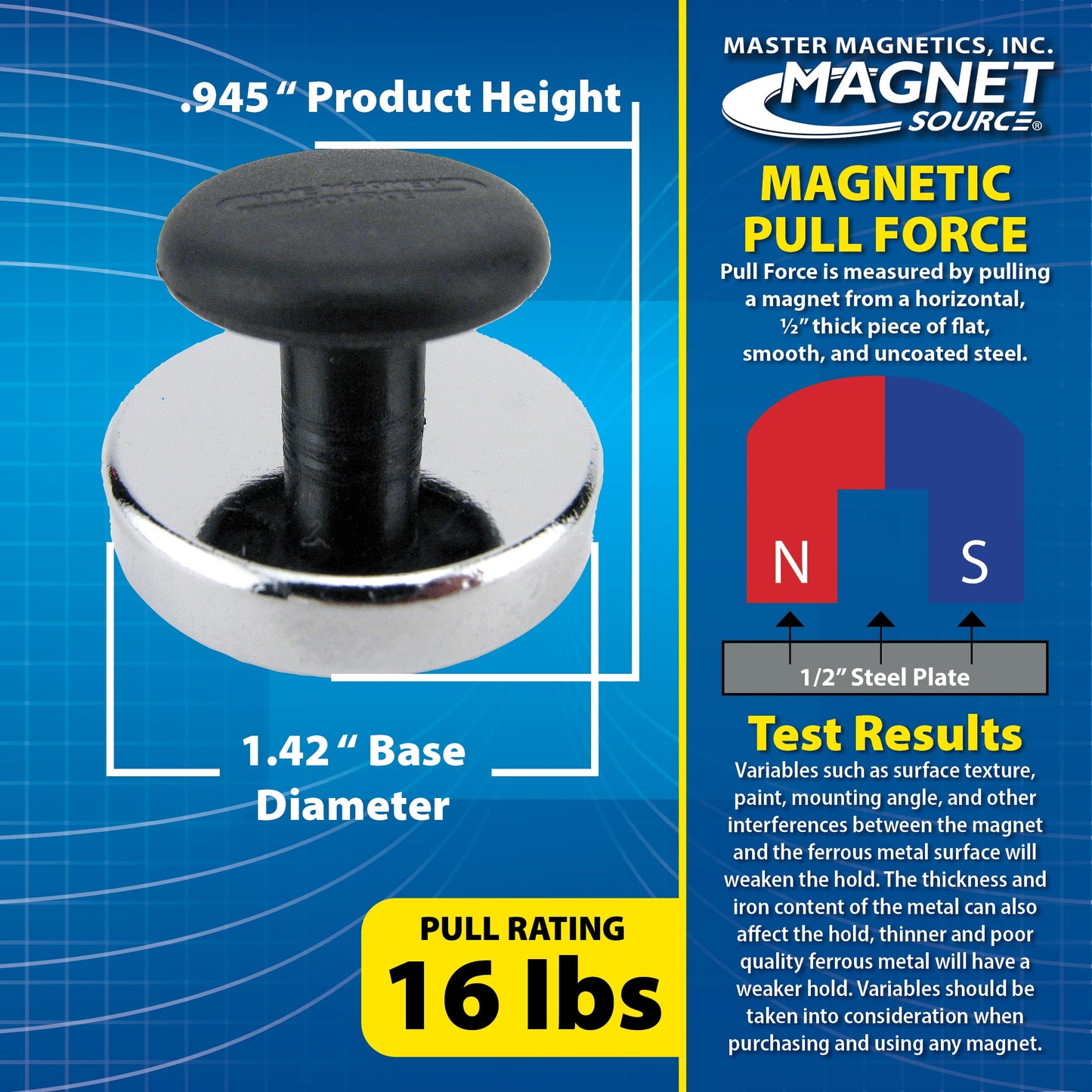 Master Magnetics Round Base Magnets with Knob - 1.43" Diameter, 0.98" Total Height with 1" Diameter Knob, 16 Pound Pull, Chrome, Pack of 4, HMKR-45X4