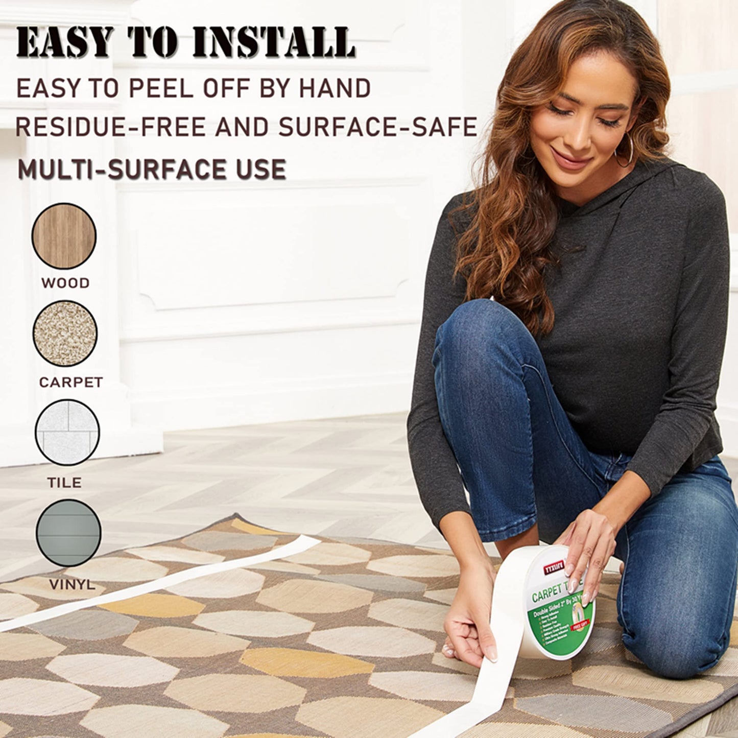 Double Sided Carpet Tape for Area Rugs Carpet Adhesive Removable Multi-Purpose Rug Tape Cloth for Hardwood Floors, Outdoor Rugs,2 Inch x 10 Yards, White