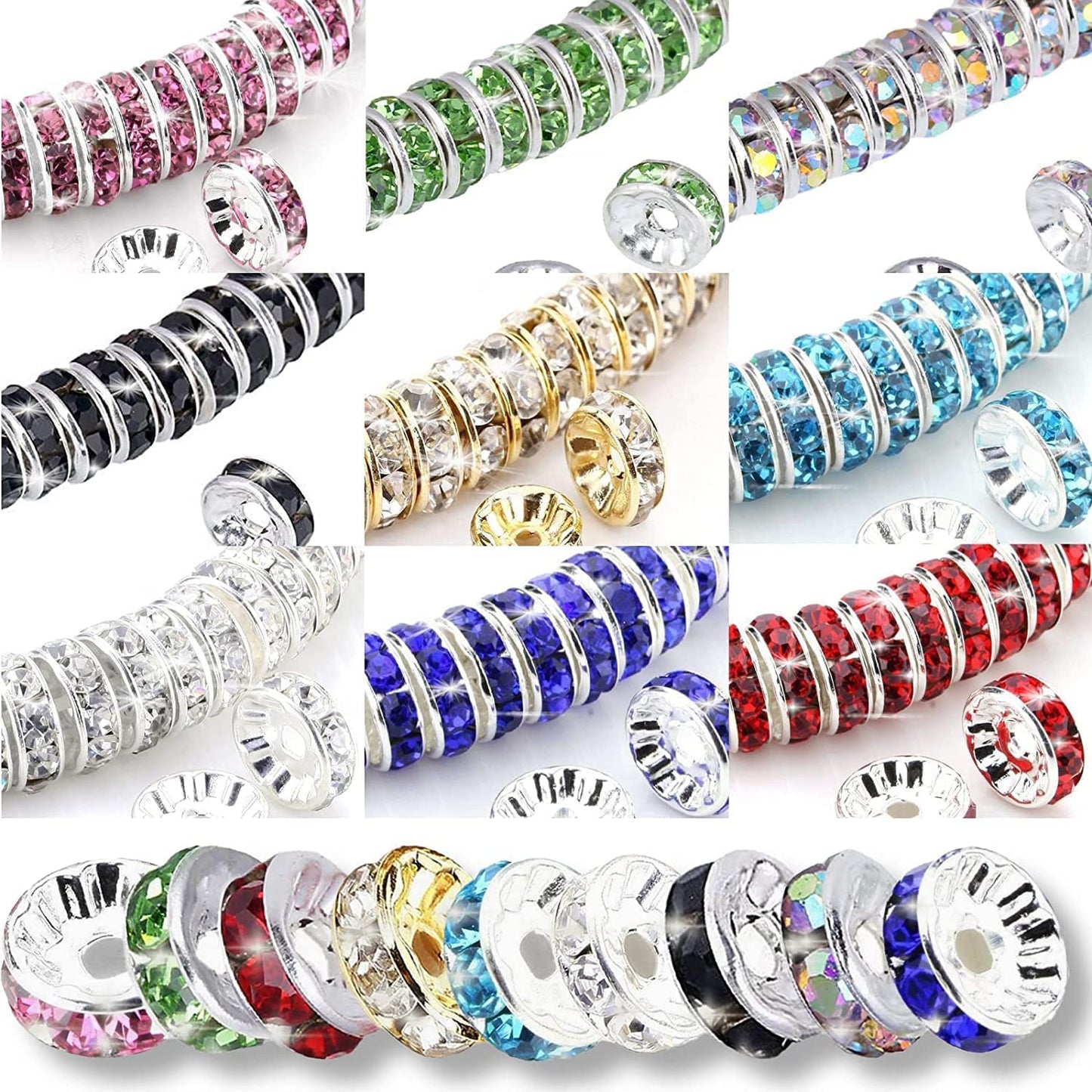 1080Pcs 8mm Rhinestone Spacer Beads, Crystal Glass Beads, Spacer Beads for Jewelry Making, Beads for Jewelry Making Necklaces, Bracelet Pendants, 9 Colors