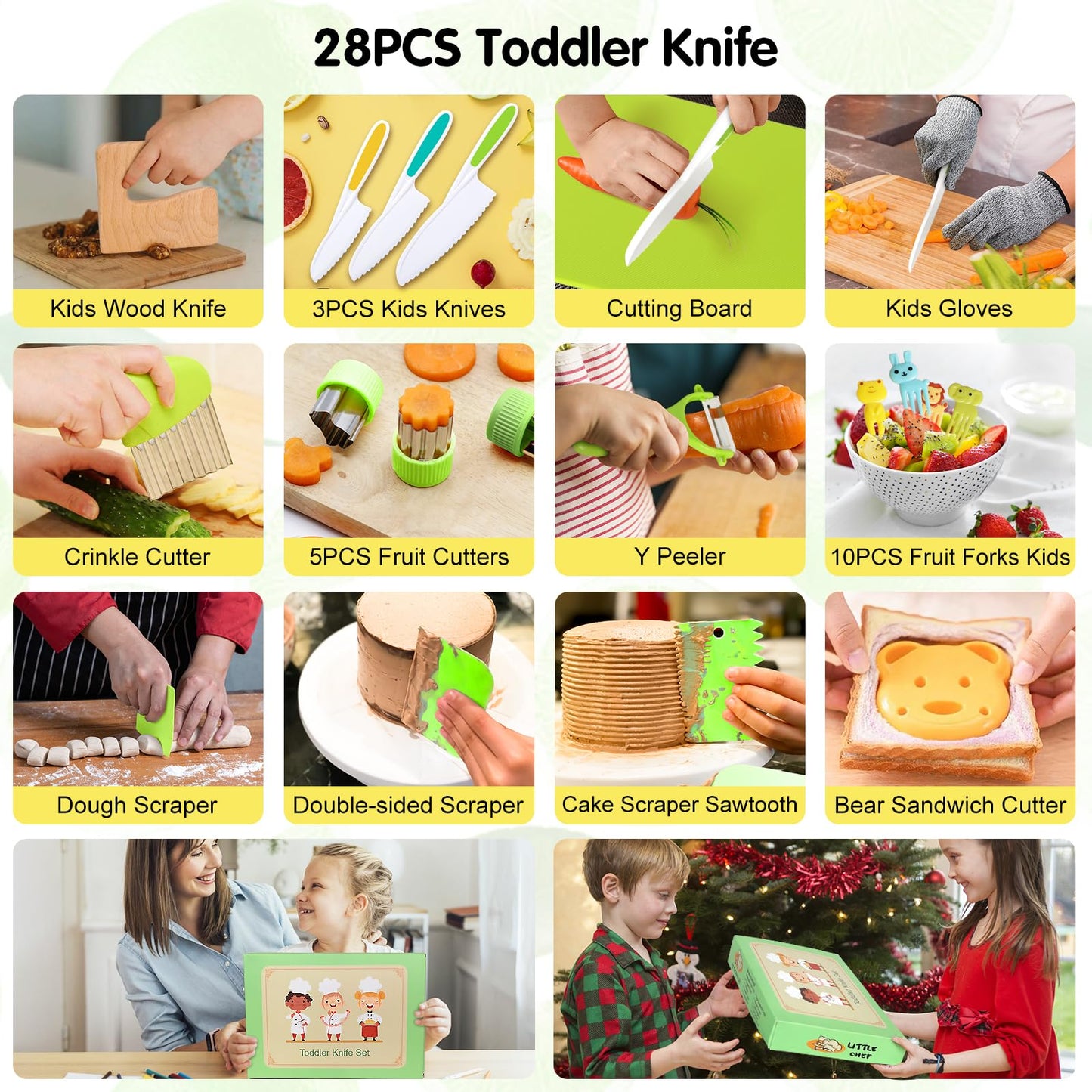 28PCS Toddler Knife Set - Kids Knifes for Real Cooking, Wooden Kids Kitchen Knife Set with Gloves Cutting Board Crinkle Cutters Kid Safe Knives, Toddlers Kitchen Tools
