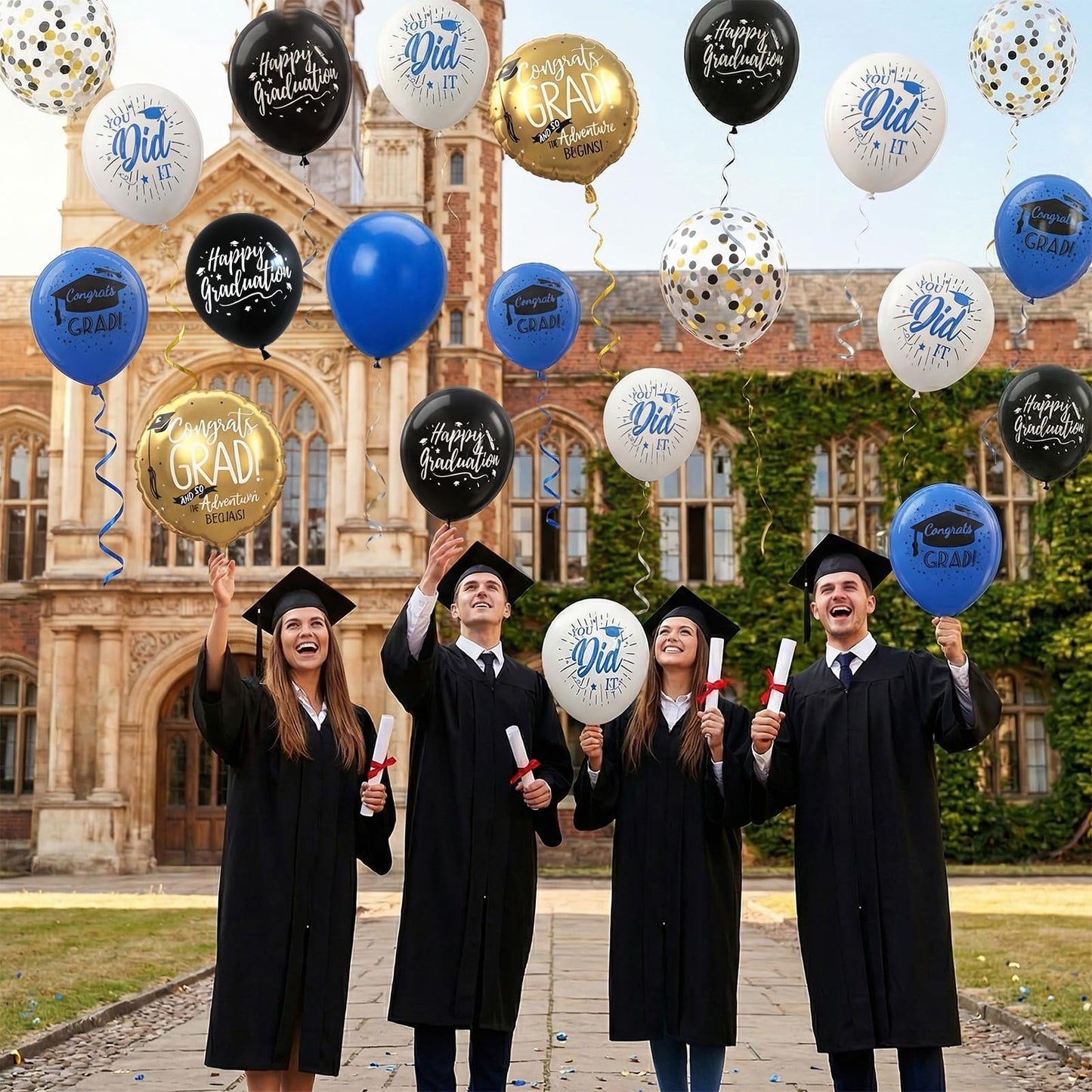 HILAVO Blue and Black Graduation Balloons 2026 Graduation Decoration 18 In Grad Foil Balloon Royal Navy Blue Black White Print Balloon for Class of 2026 Congrats Grad Party Decor College High School
