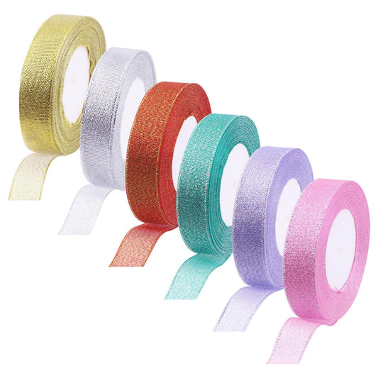 6 Rolls 150 Yards in Total, Each Roll Approx 4/5"×25 Yard, 6 Colors Metallic Glitter Ribbon, Holiday Festival Satin Ribbons, Gift Wrap Ribbons for Gift Wrapping Birthday Party Decoration
