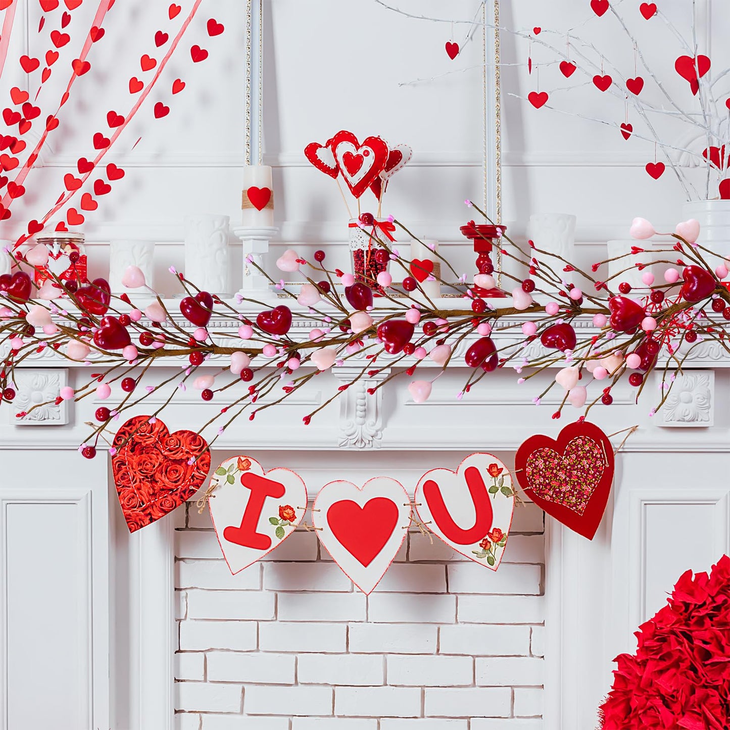 5.2 Ft Artificial Valentine's Day Garland Red Pink Heart and Berry Garland for Valentine Party Holiday Wedding Fireplace Mantel Shelf Front Door Decor Dinner Table Centerpiece