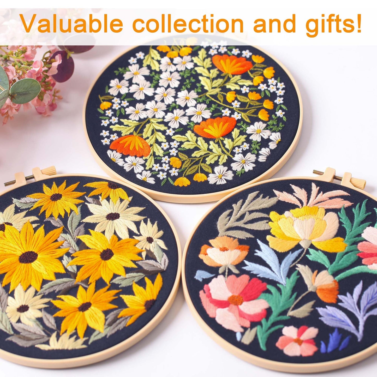 REEWISLY 3Pcs Embroidery Starter Kit with Patterns and Instructions, DIY Adult Cross Stitch Kits Beginner, Including 3 Plastic Embroidery Rings, 1 Scissors, Colored Threads and Needles