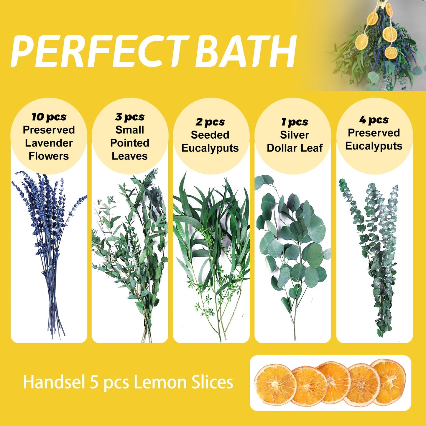 5 Kinds Mix Dried Eucalyptus & Lavender Flowers Bundle for Shower , 15''-17''Natural Real Fresh Preserved Eucalyptus Leaves and Lemon Hanging Plants, Home Bathroom Decor, Fragrance