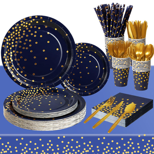 Nkaiso Paper Plates and Napkins Set, 193 Pieces Navy Blue Gold Party Supplies Includes Paper Plates Cups Napkins Straws and Cutlery for Birthday Wedding Holidays Parties Decorations-24 Guests