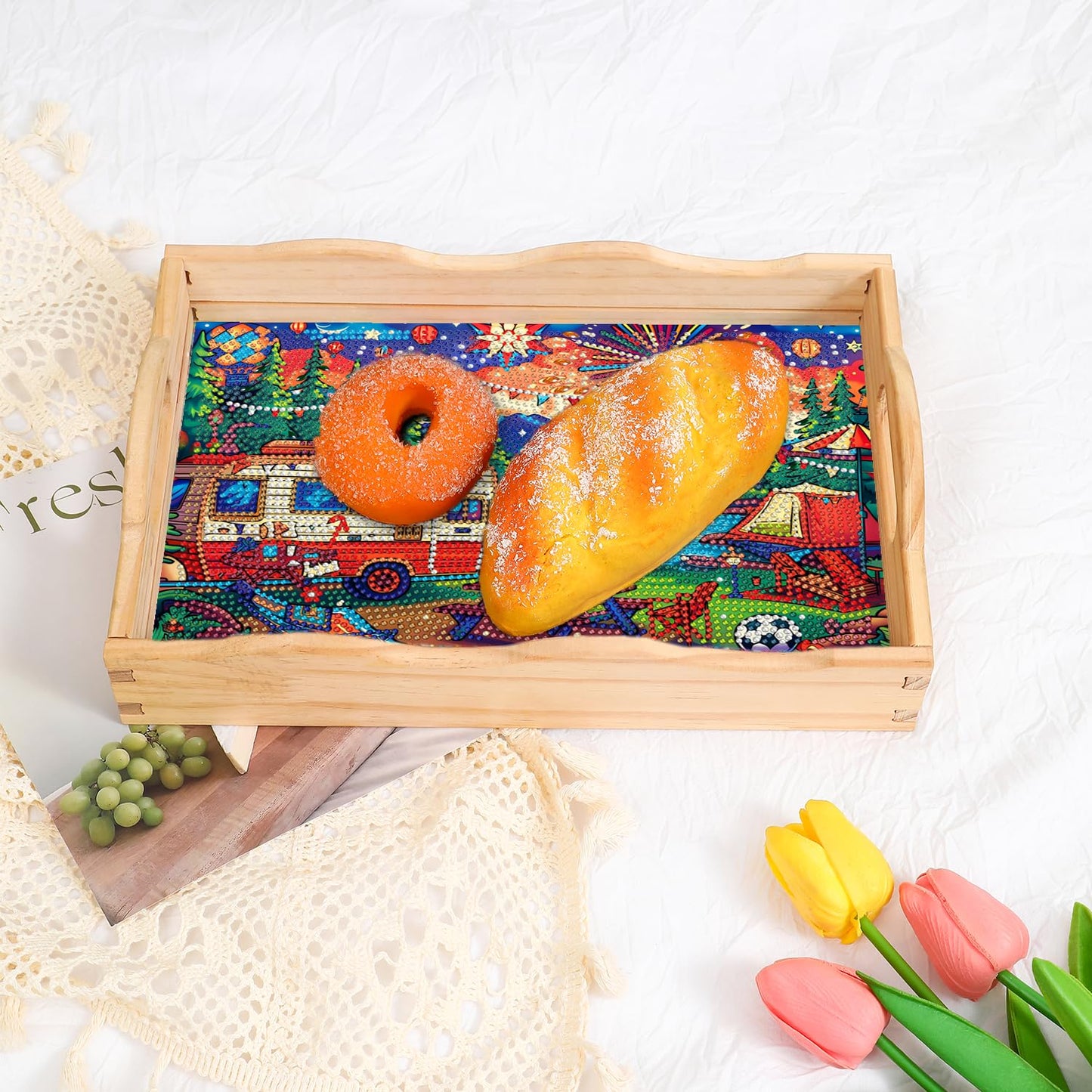 DOTSOPS 5D Diamond Art Kits for Adults Wooden Serving Tray with Handle Special Diamond Painting Plate Big Gem Dots Paint by Numbers Crafts Kits for Living Room Carnival 7.8x11.8 Inches