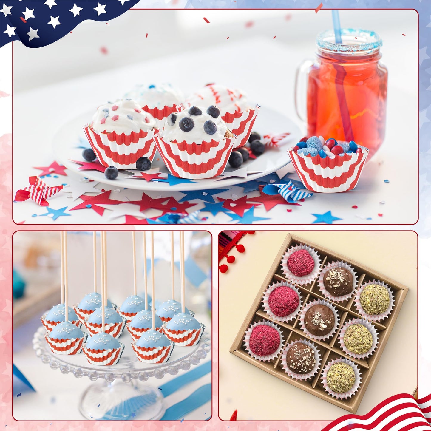 COcnny American Mini Cupcake Liner - 200pcs 4th of July Small Muffin Cups Paper Wrappers for Baking, Patriotic American Flag Red White and Blue Cake Chocolate Candy Wrap for Memorial Independence Day