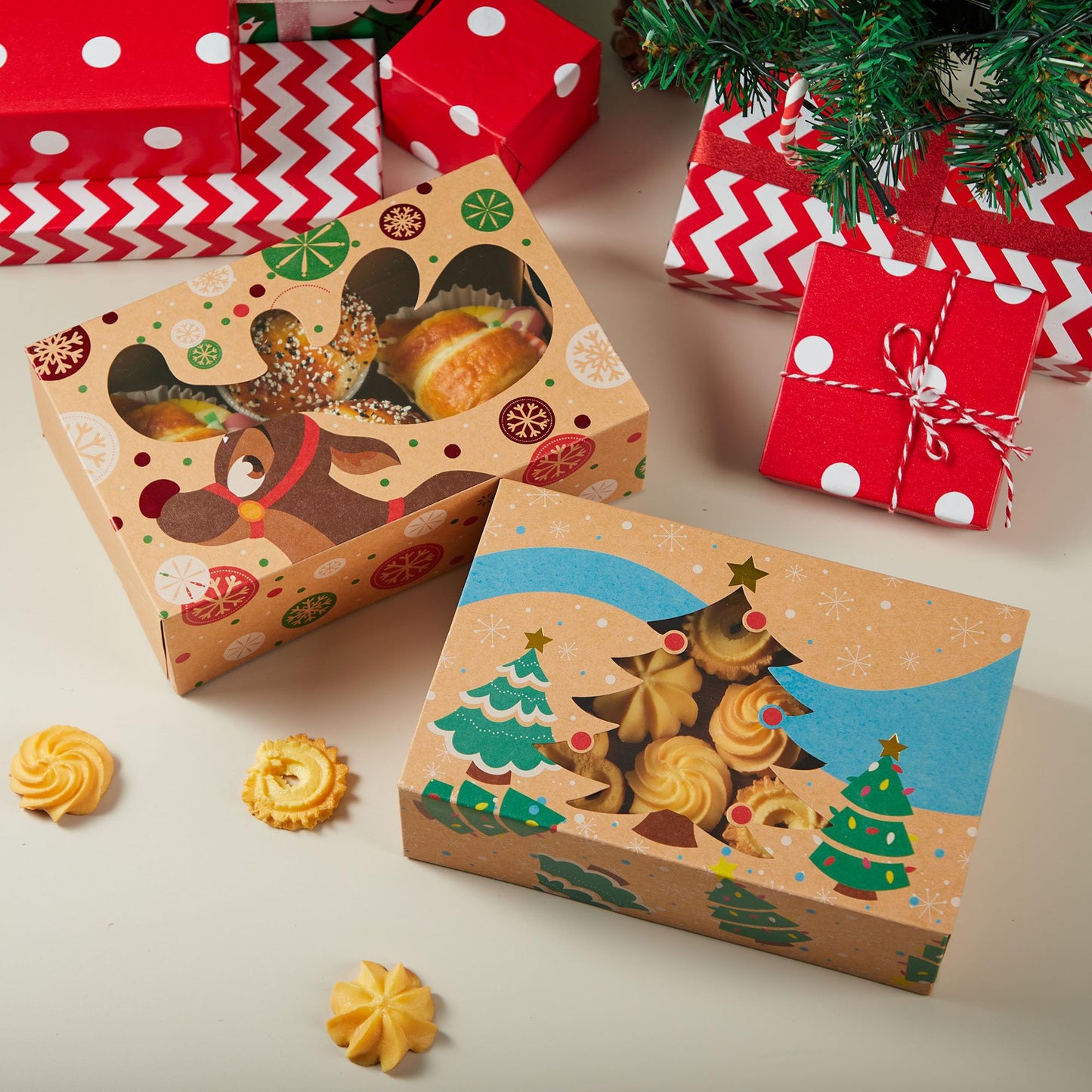 JOYIN 36PCS Christmas Cookie Boxes for Gift Giving, 8.5" x 5.75" x 2.75" Xmas Holiday Treat Cookie Tin with Window, 3 Designs Brown Foiled Kraft Bakery Boxes for Pastries, Cupcakes, Brownies, Doughnut
