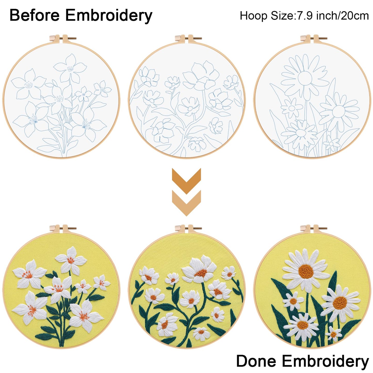 3 Sets Flowers Embroidery Kits for Beginners,Cross Stitch Kit for Adults,DIY Needlepoint for Starters Including Florals Pattern, Hoop,Instruction and Threads