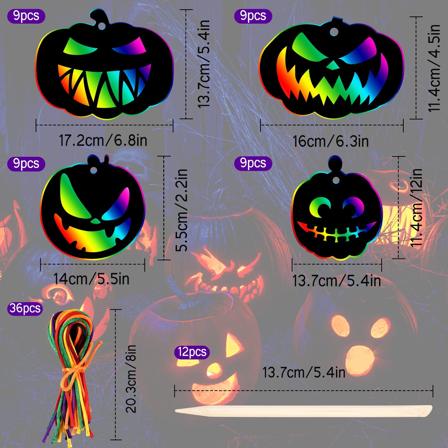 48 Pieces Halloween Scratch Paper Crafts Kit Bulk of Halloween Pumpkins Magic Rainbow Scratch Art for Kids DIY Party Ornaments Halloween Decor with 6 Pcs Halloween Pumpkins Stencils