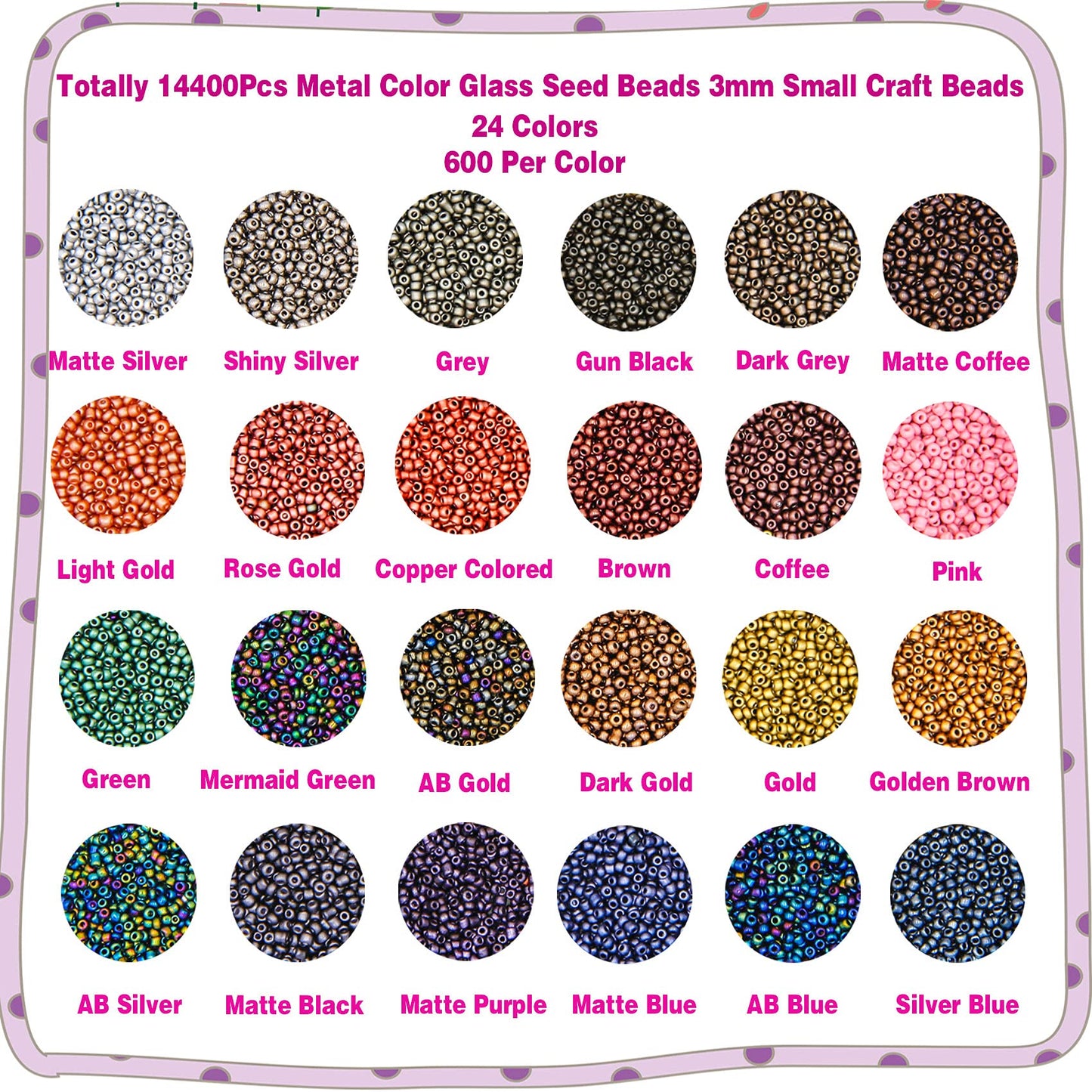 EuTengHao 8/0 Glass Seed Beads Kit, 3mm Metal Color Waist Beads, 24Colors Small Pony Beads with String for Bracelet Necklace Earring Jewelry Making (14405PCS, 600 Per Color)