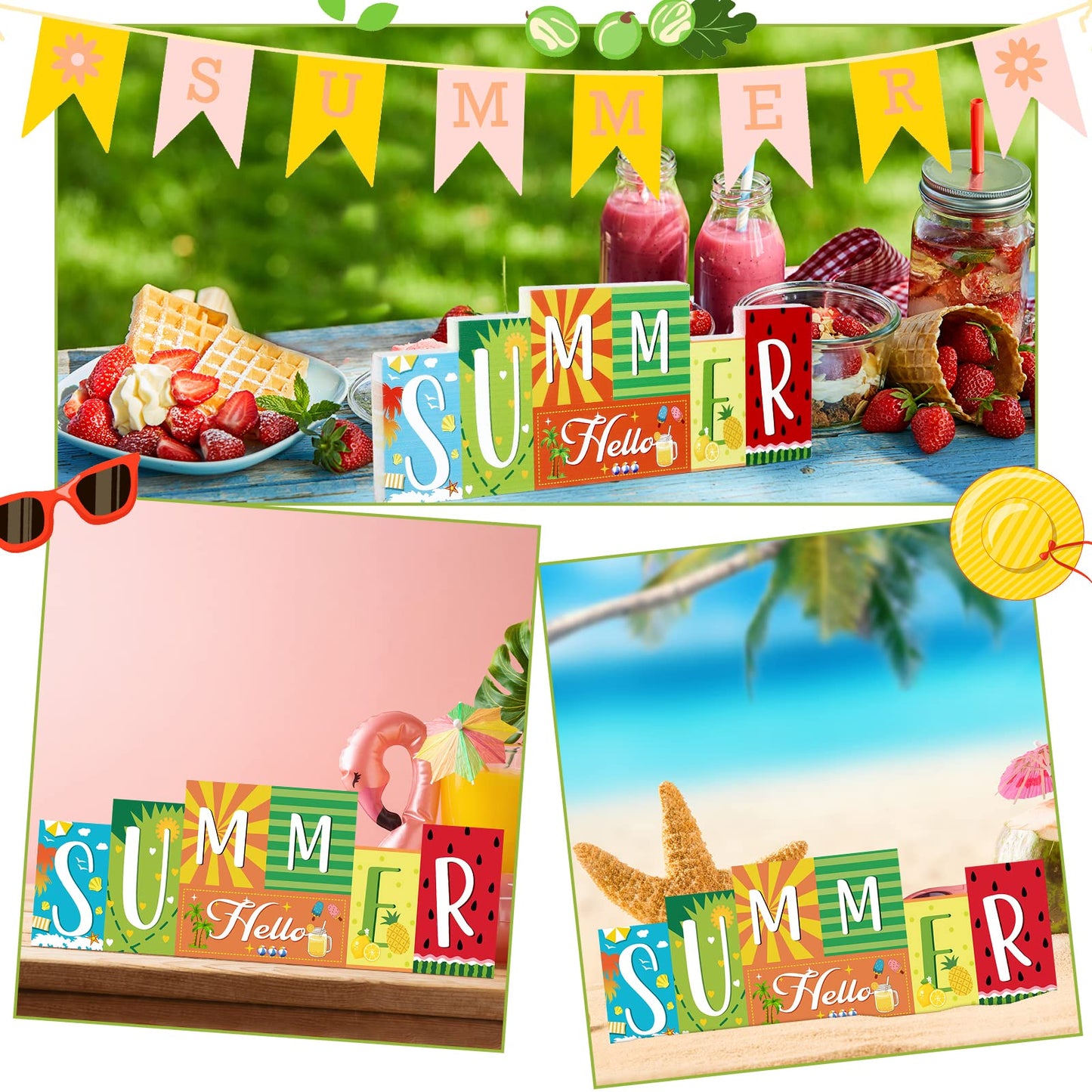 Summer Wooden Table Sign Double Sided Hello Summer and Happy 4th of July Tabletop Sign Hawaii Wood Block Memorial Day patriotic Tiered Tray Decor for Office Home indoor Shelf Centerpiece