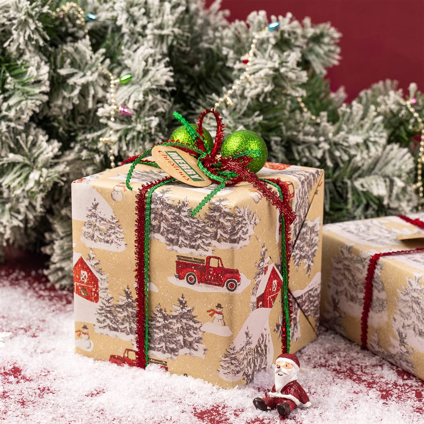 Christmas Wrapping Paper, Kraft Paper - Snowflake, Snowman, Red Truck and Christmas Tree - 4 Rolls - 30 inches x 10 feet per Roll