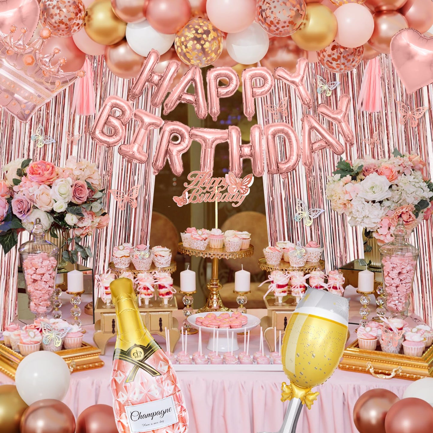 Amandir Rose Gold Birthday Party Decorations for Women Girls, Rose Gold Pink Confetti Foil Balloons, Butterfly, Fringe Curtain, Happy Birthday Banner, Cake Topper for30th 40th 50th 60th Supplies Decor