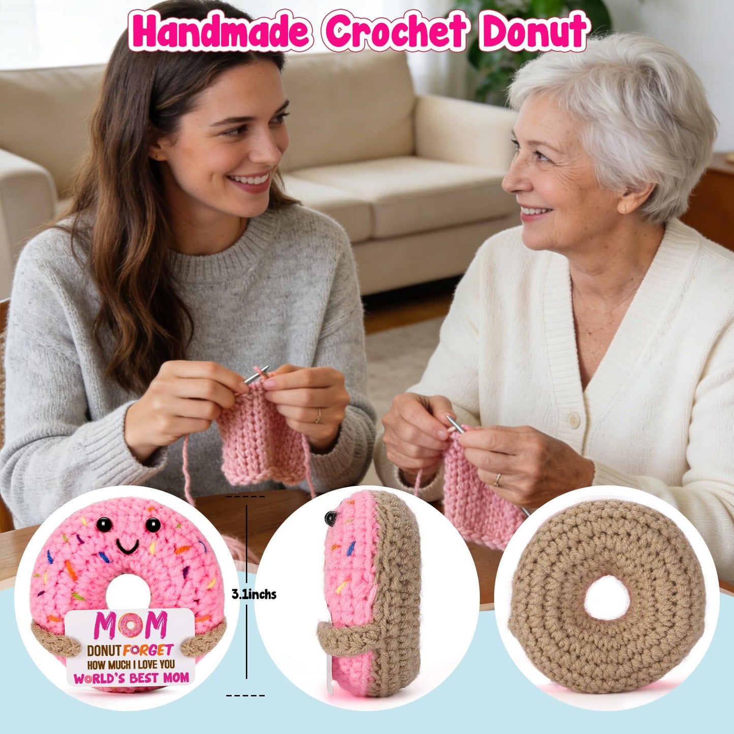 BuiltFit Mom Gifts for Mothers Day - Funny Mother's Day Birthday Handmade Crochet Donut Gift for Mom Mama Mother Mommy from Daughter Son Best Mothers Ever Gifts