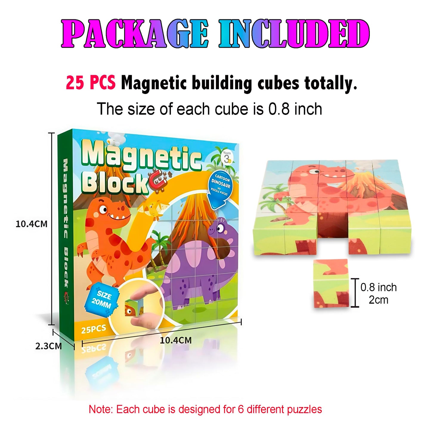 ritastar Magnetic Blocks Building Toy, 25pcs Mine Stacking Magnet Build Cubes Cartoon Pattern World,STEM Sensory Construction Toys for Kids Gift,Educational Jigsaw Puzzle Set with 3D Dinosaur Designs